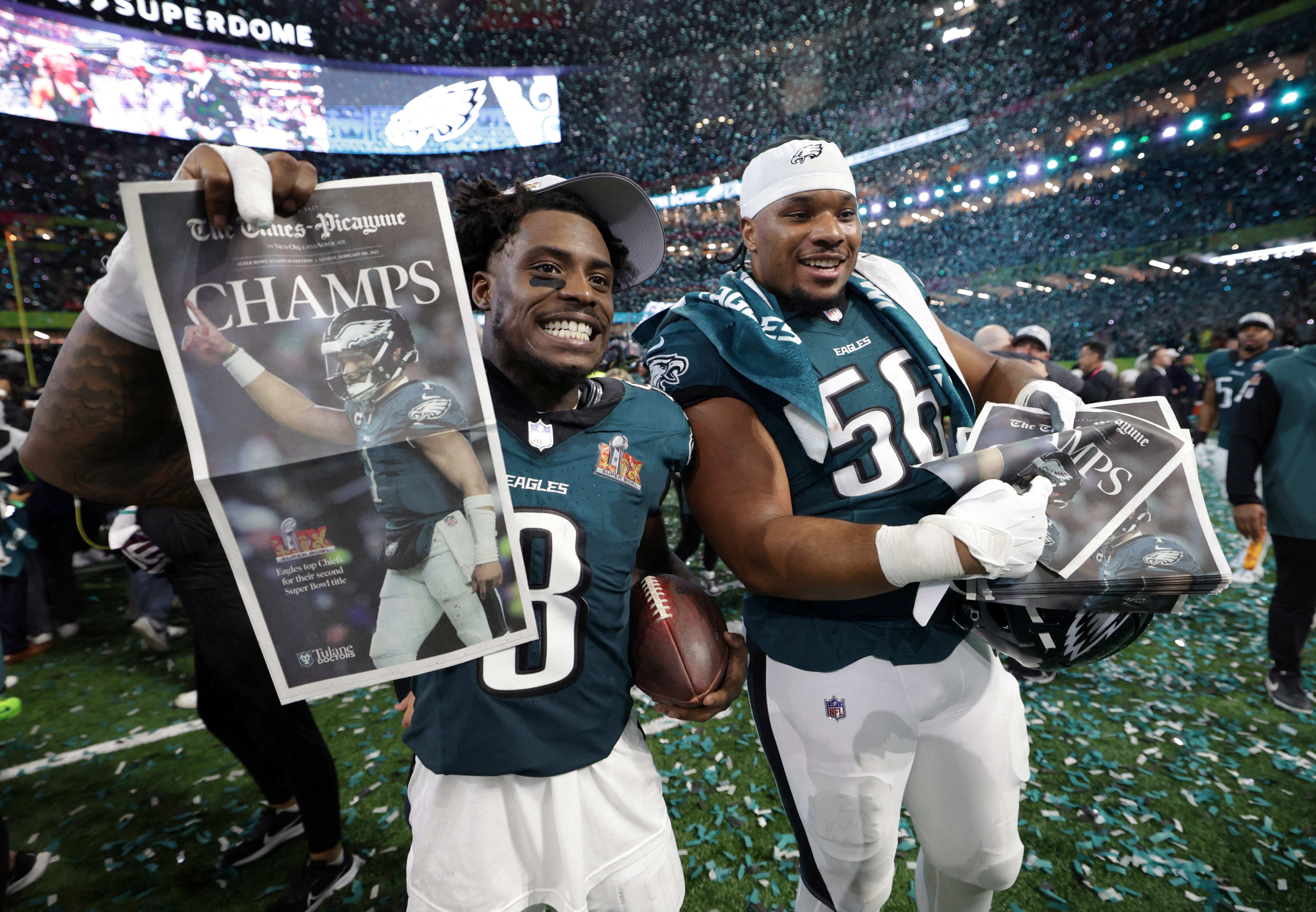 Football - NFL - Super Bowl LIX - Philadelphia Eagles v Kansas City Chiefs - Caesars Superdome, New Orleans, Louisiana, United States - February 9, 2025 Philadelphia Eagles' C.J. Gardner-Johnson and Tyler Steen celebrate after winning Super Bowl LIX REUTERS/Mike Segar TPX IMAGES OF THE DAY