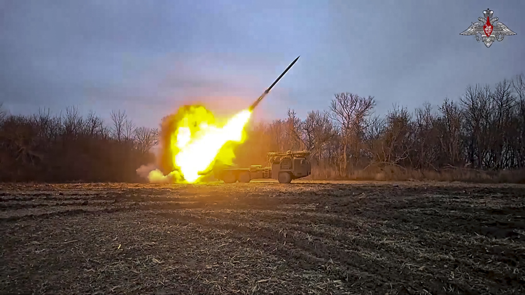 In this photo taken from a video distributed by Russian Defense Ministry Press Service on Thursday, Feb. 6, 2025, a Russian self-propelled multiple rocket launcher Uragan (Hurricane) is fired toward Ukrainian position at an undisclosed location in the Kursk region border area. (Russian Defense Ministry Press Service via AP)
