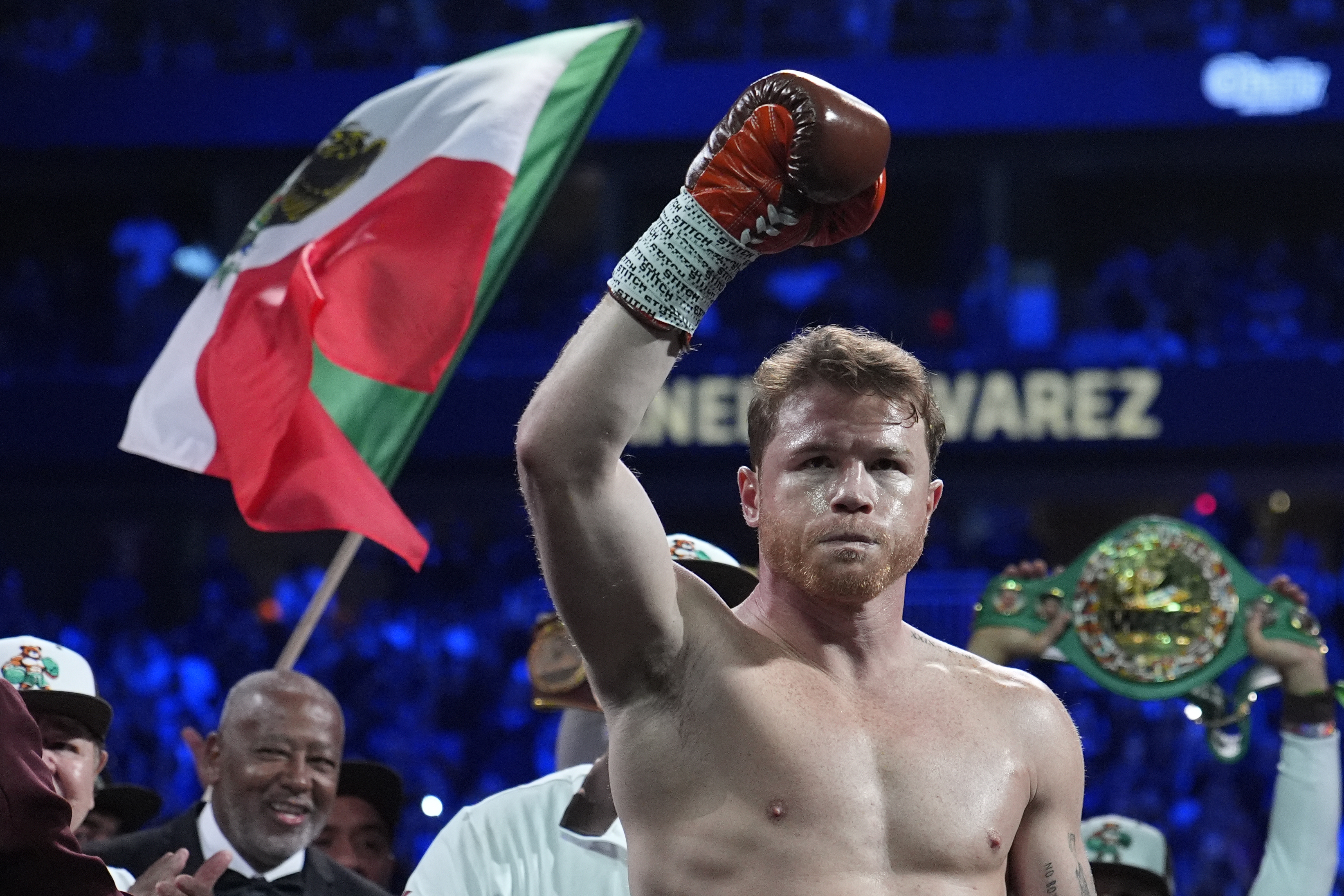 Canelo Alvarez reacts before fighting Edgar Berlanga.
