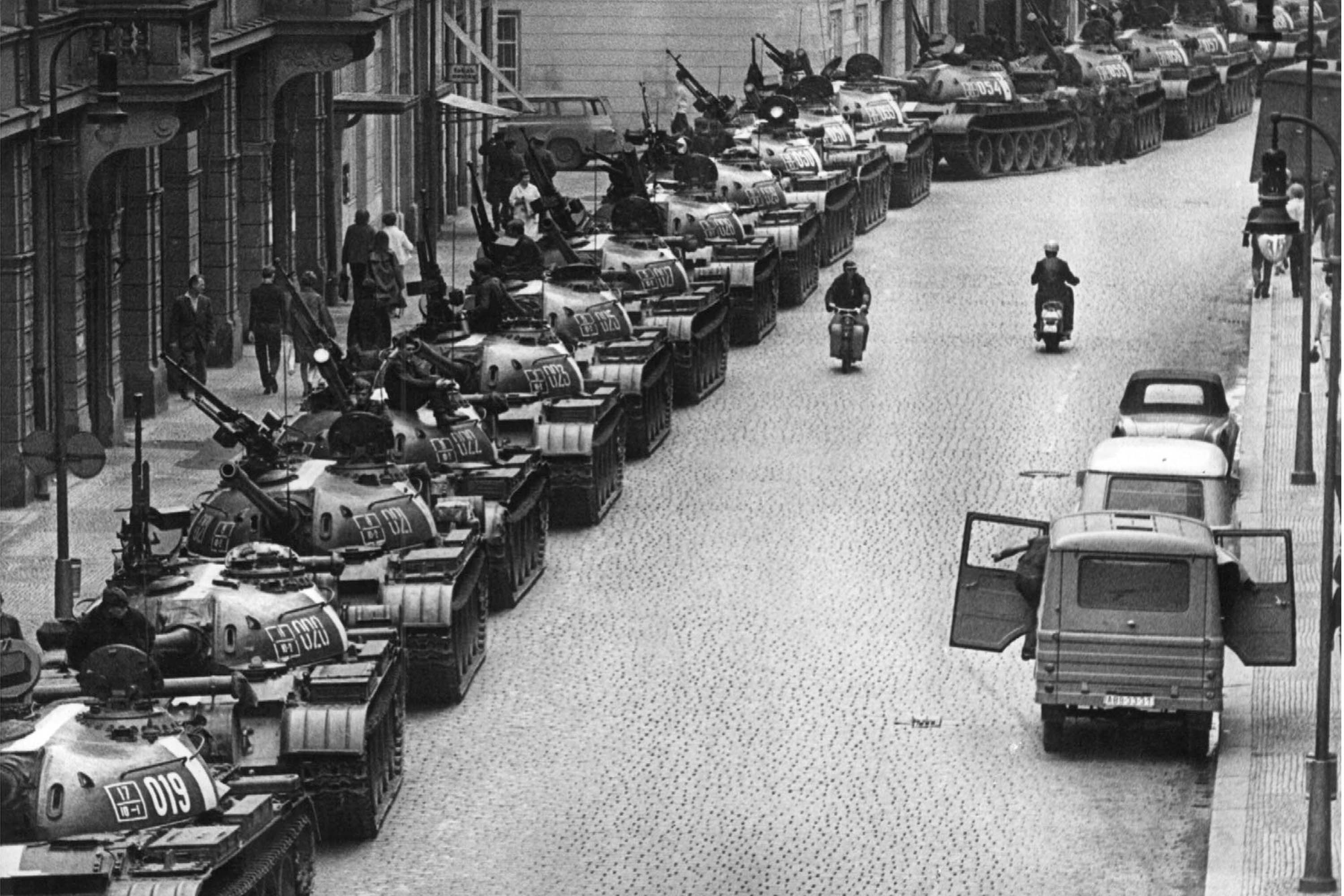 This column of Soviet tanks was lined up in a Prague, Czechoslovakia, side street near the Old Town Square, on August 28, 1968, after the Czech leaders had returned from negotiations with the Russians. (AP Photo/Dieter Endlicher)