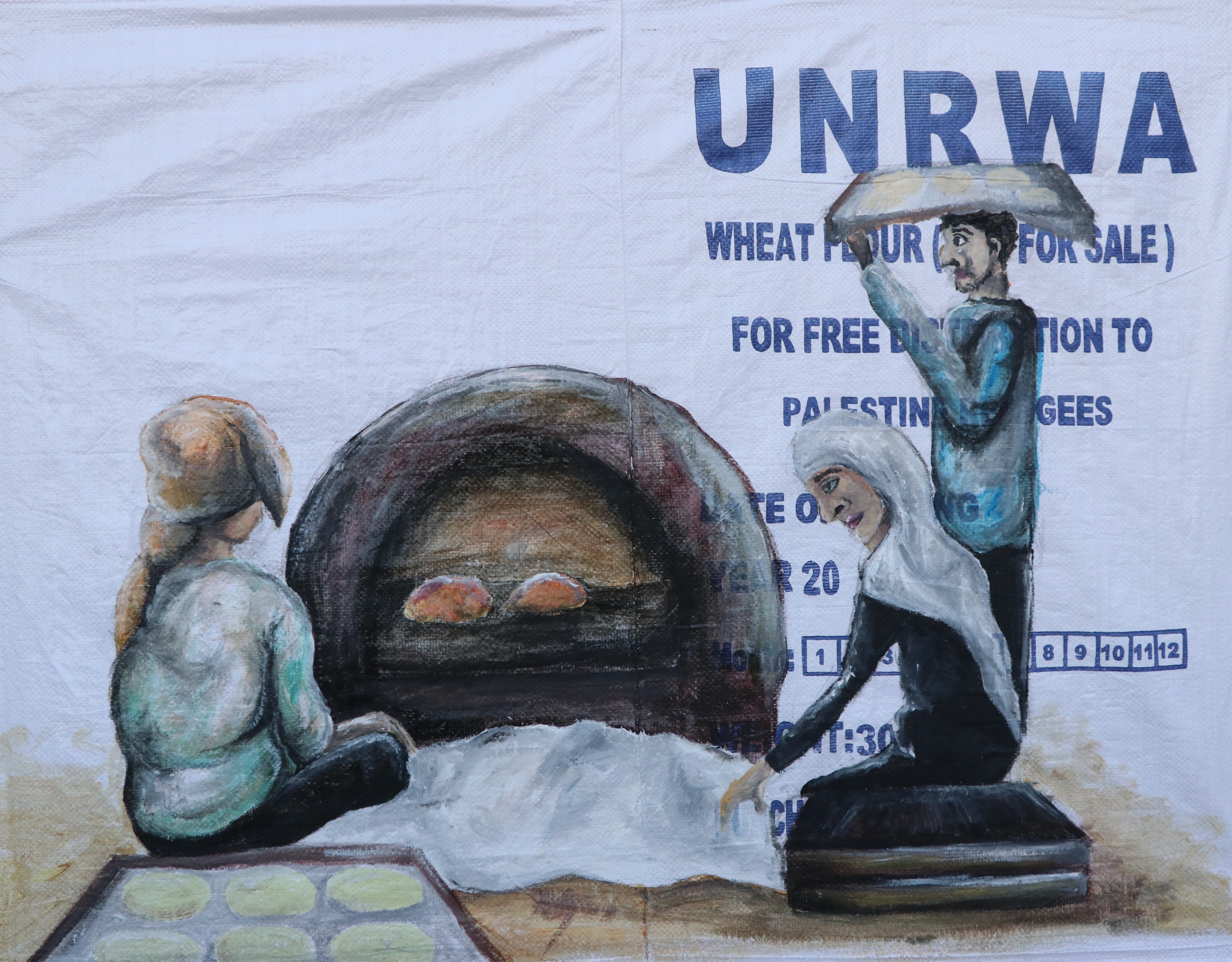 A drawing of a family preparing bread over an open flame, painted onto a UNRWA flour bag