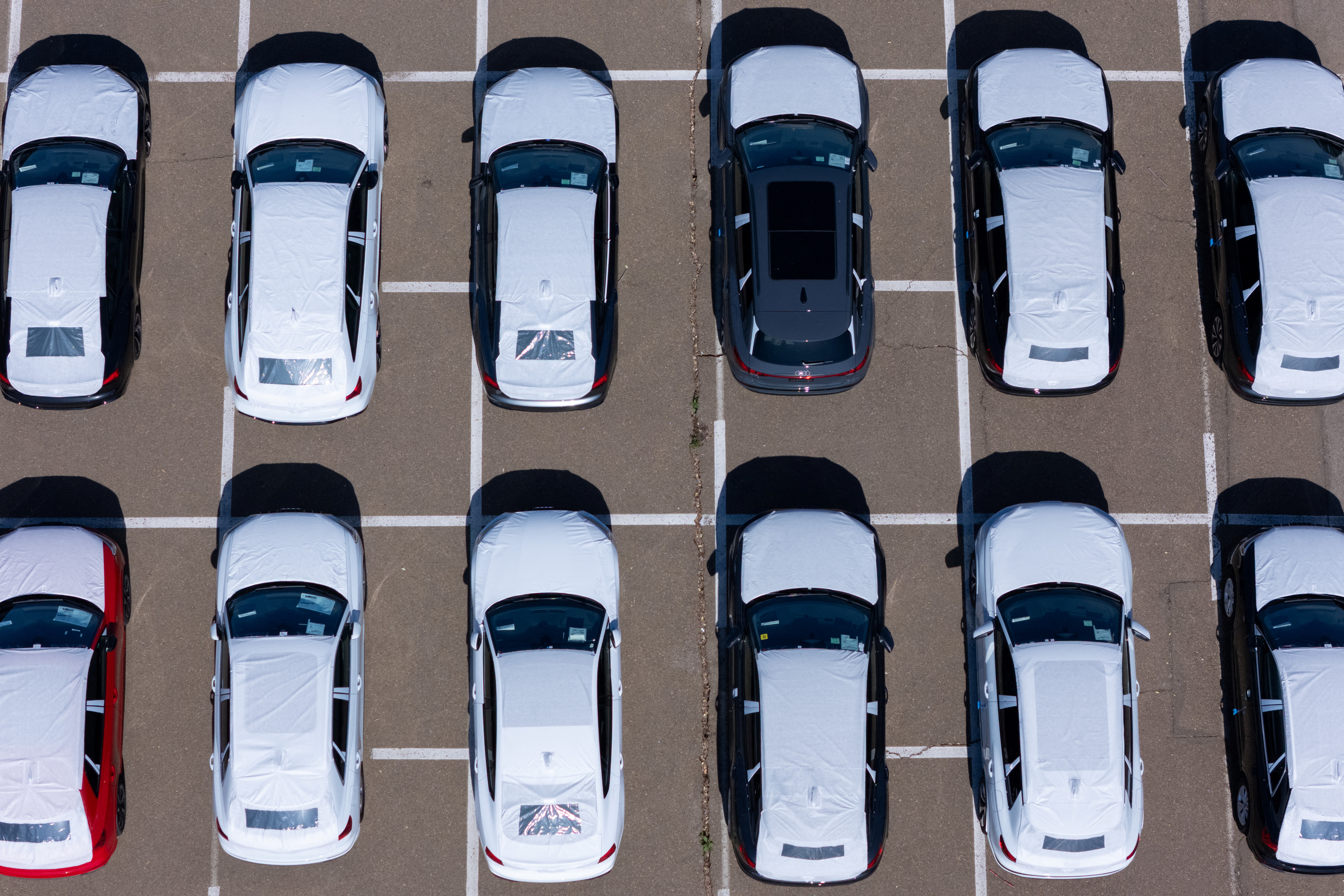 A drone view shows new automobiles awaiting transportation after arriving at the port of San Diego in San Diego, California, U.S., February 19, 2025. REUTERS/Mike Blake