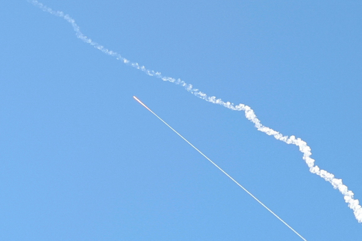 Interceptor trails are seen in the sky over Jerusalem,