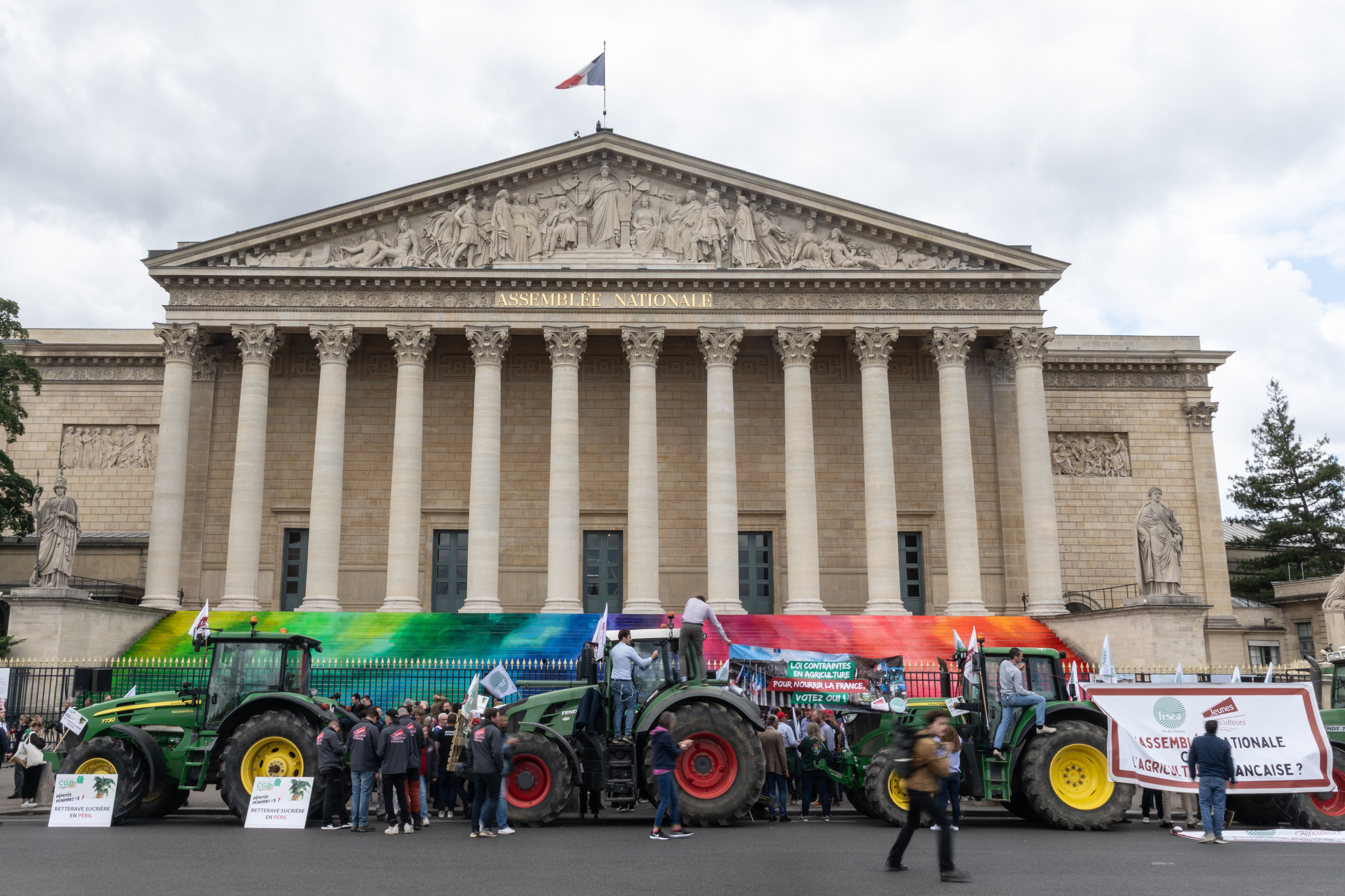 Tractors are parked in front of the French National Assembly during a protest in Paris, France on May 26, 2025.