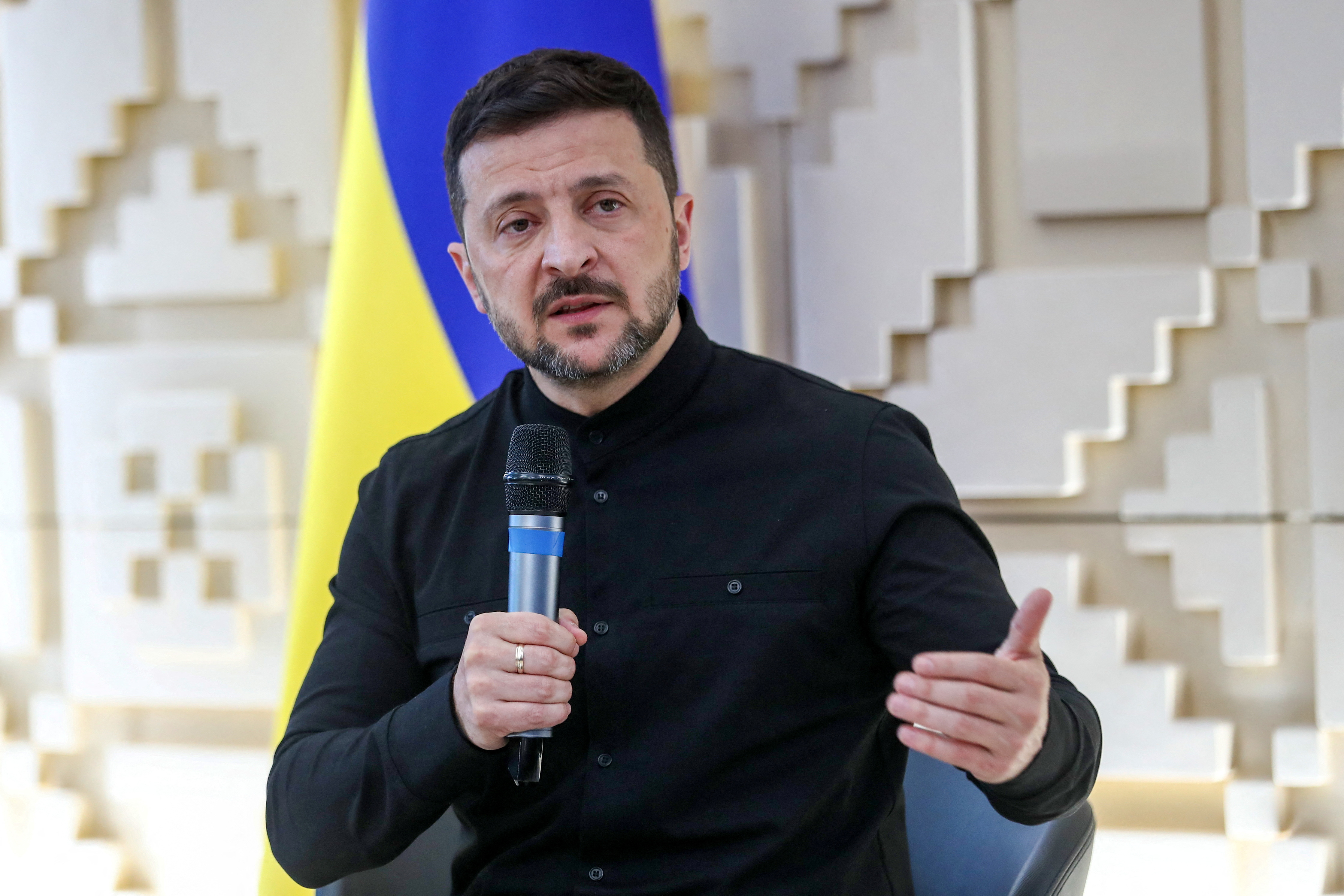 Ukrainian President Volodymyr Zelenskiy speaks during a press conference at the Ukrainian embassy in Ankara, Turkey, May 15, 2025. REUTERS/Cagla Gurdogan