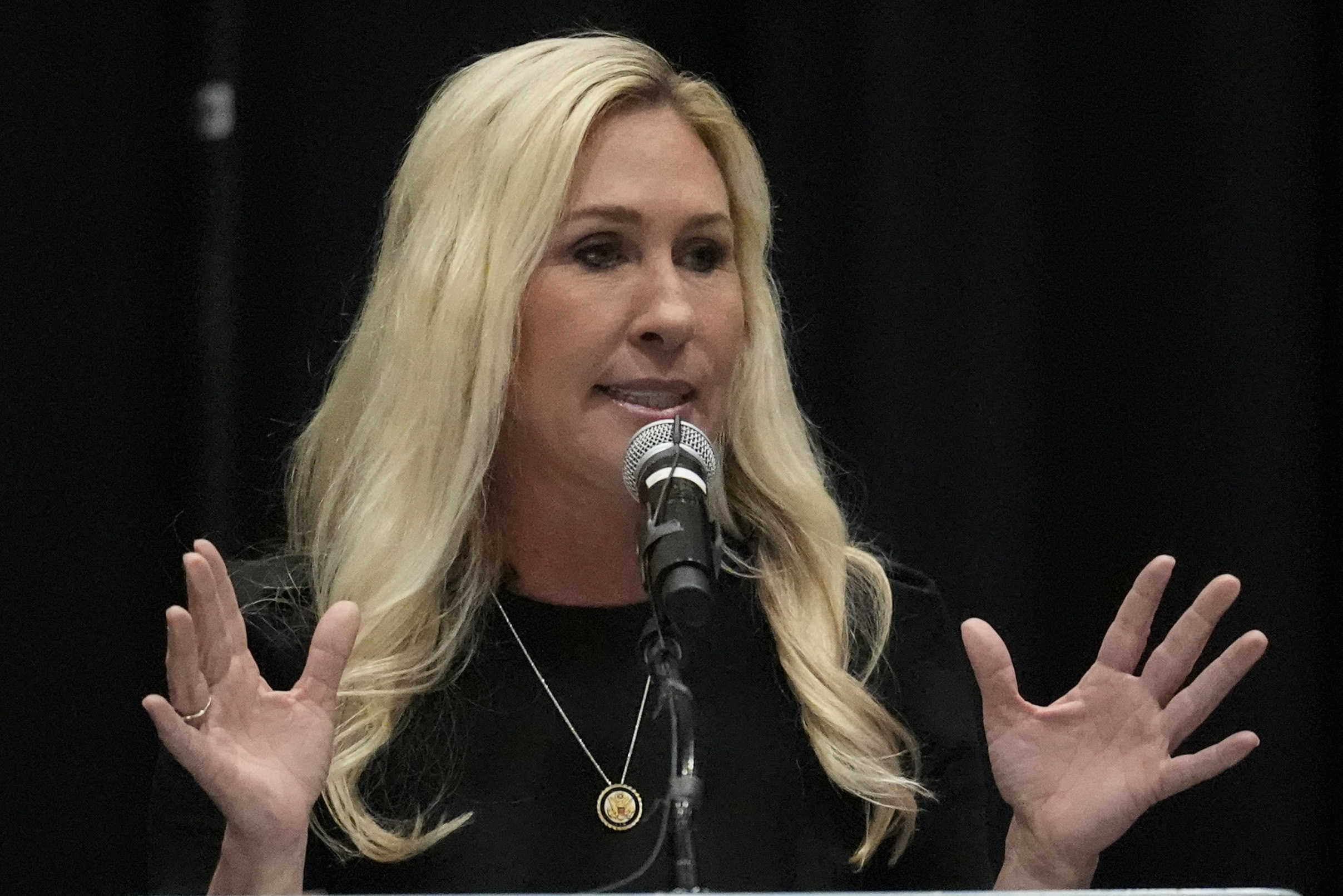 Rep. Marjorie Taylor Greene, R-Ga., speaks during a town-hall style meeting, Tuesday, April 15, 2025, in Acworth, Ga. (AP Photo/Mike Stewart)