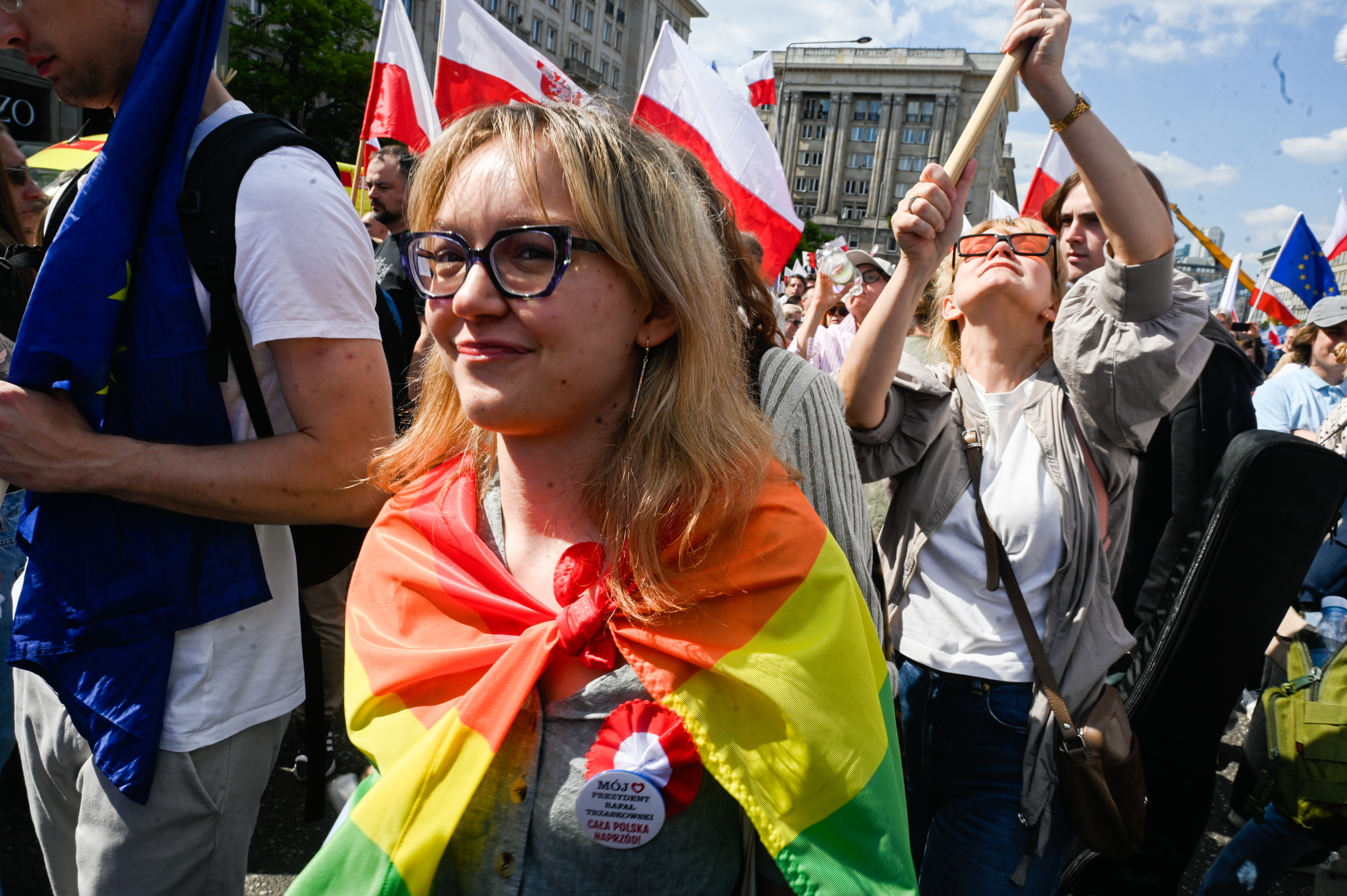 Supporters of the Mayor of Warsaw and the Civic Coalition (KO) presidential candidate, Rafal Trzaskowski, listen to his speech during the Great Patriotic March a week before the second round of the presidential elections&nbsp;on May 25, 2025, in Warsaw, Poland [Omar Marques/Getty Images]