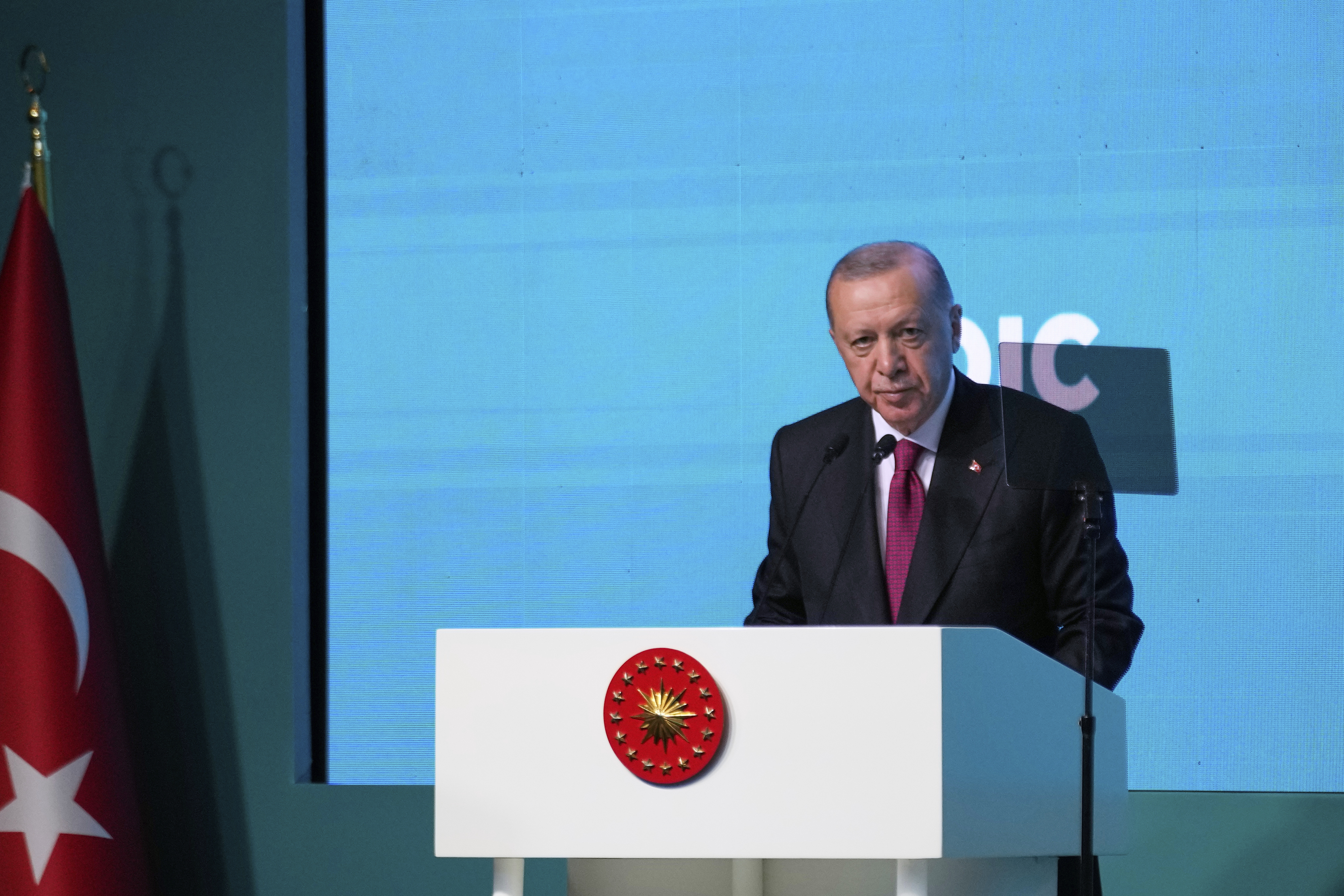 Turkiye's President Recep Tayyip Erdogan gives an opening speech during the Council of Foreign Ministers of the Organisation of Islamic Cooperation meeting in Istanbul, Turkey, on June 21, 2025.