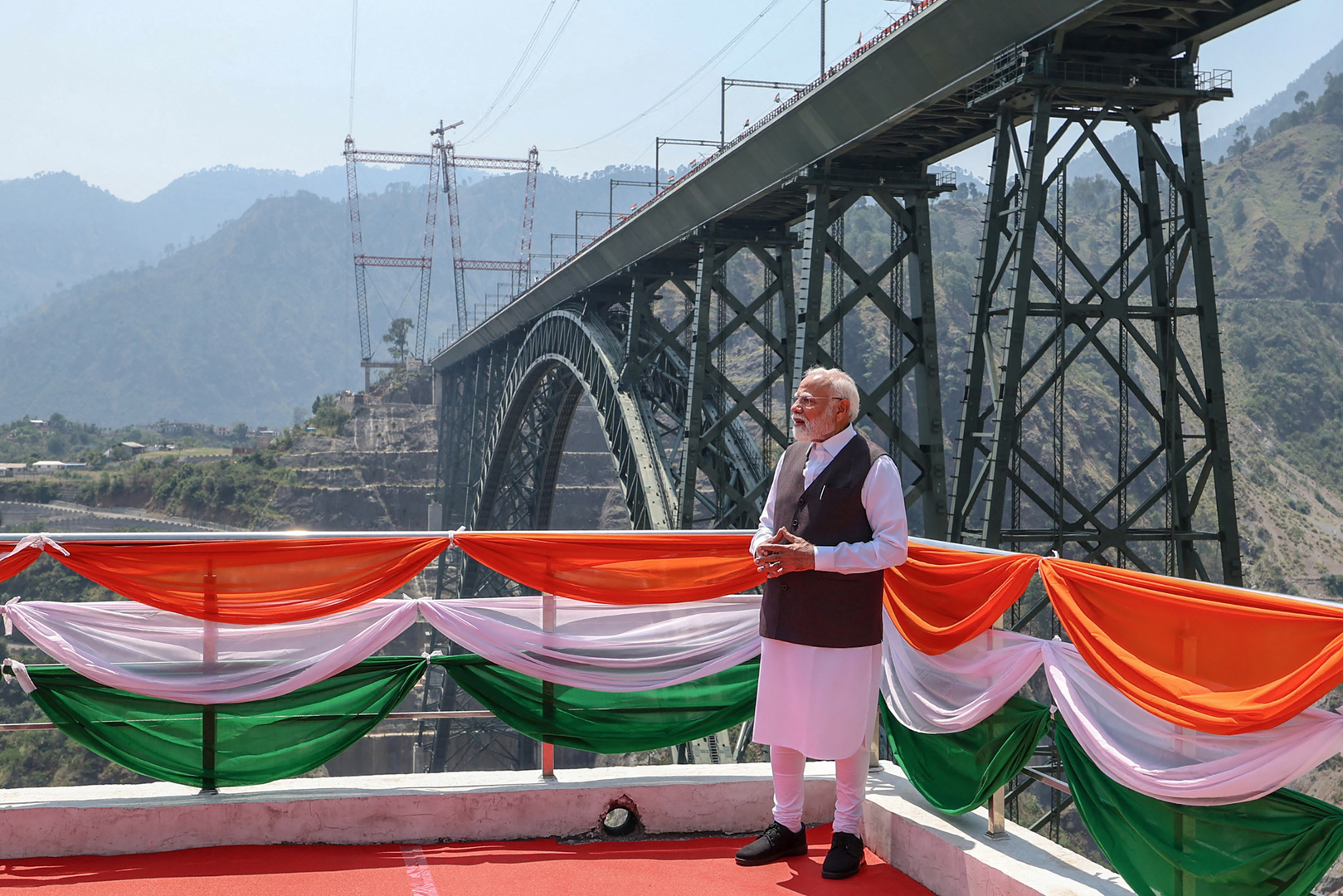 India&#039;s Prime Minister Narendra Modi visits the Chenab Rail Bridge during the inauguration of the Kashmir rail link, in Reasi, Jammu and Kashmir [Indian Press Information Bureau (PIB) /Handout via AFP]