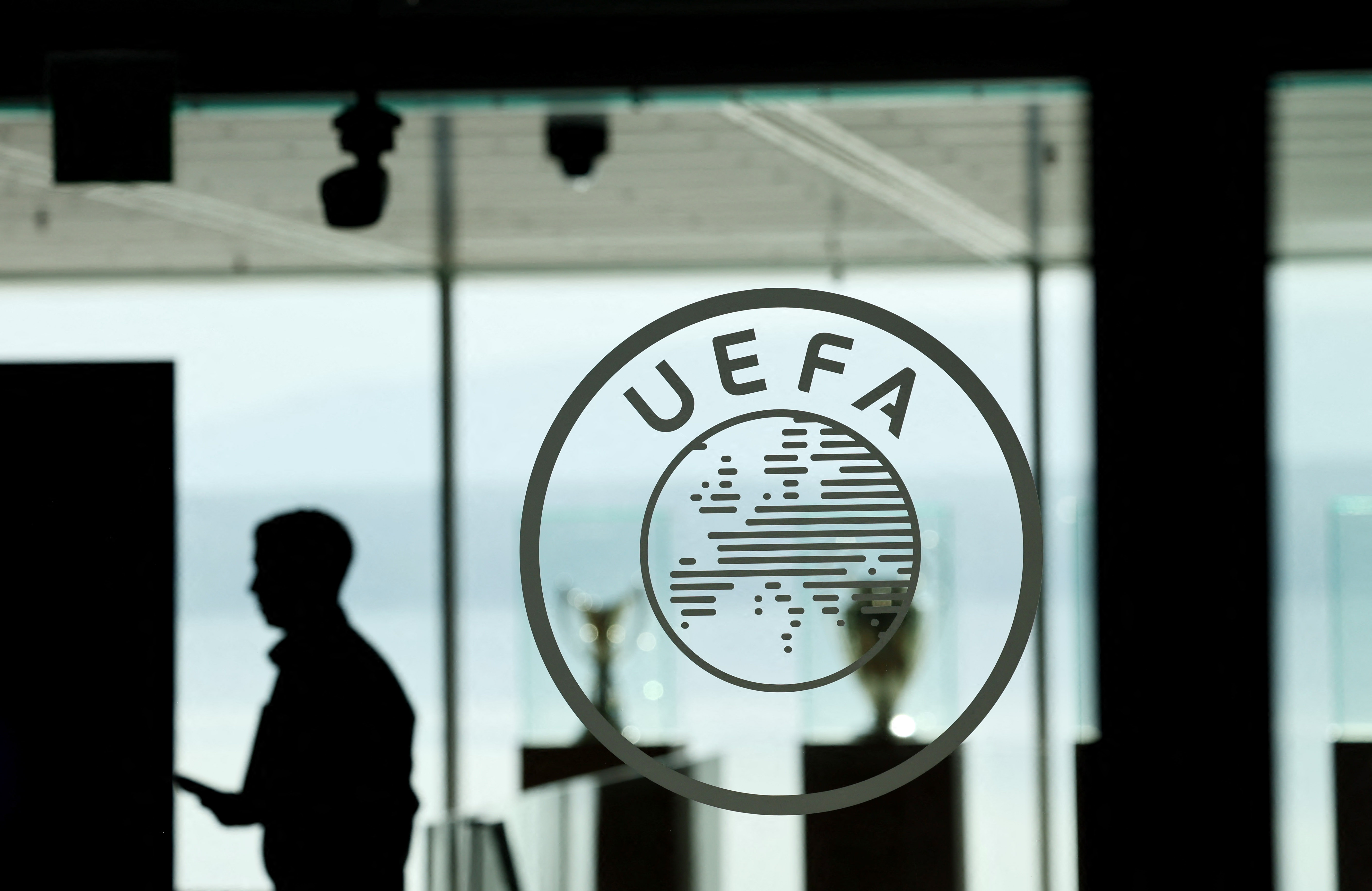 Nyon, Switzerland - The UEFA logo is pictured at the headquarters