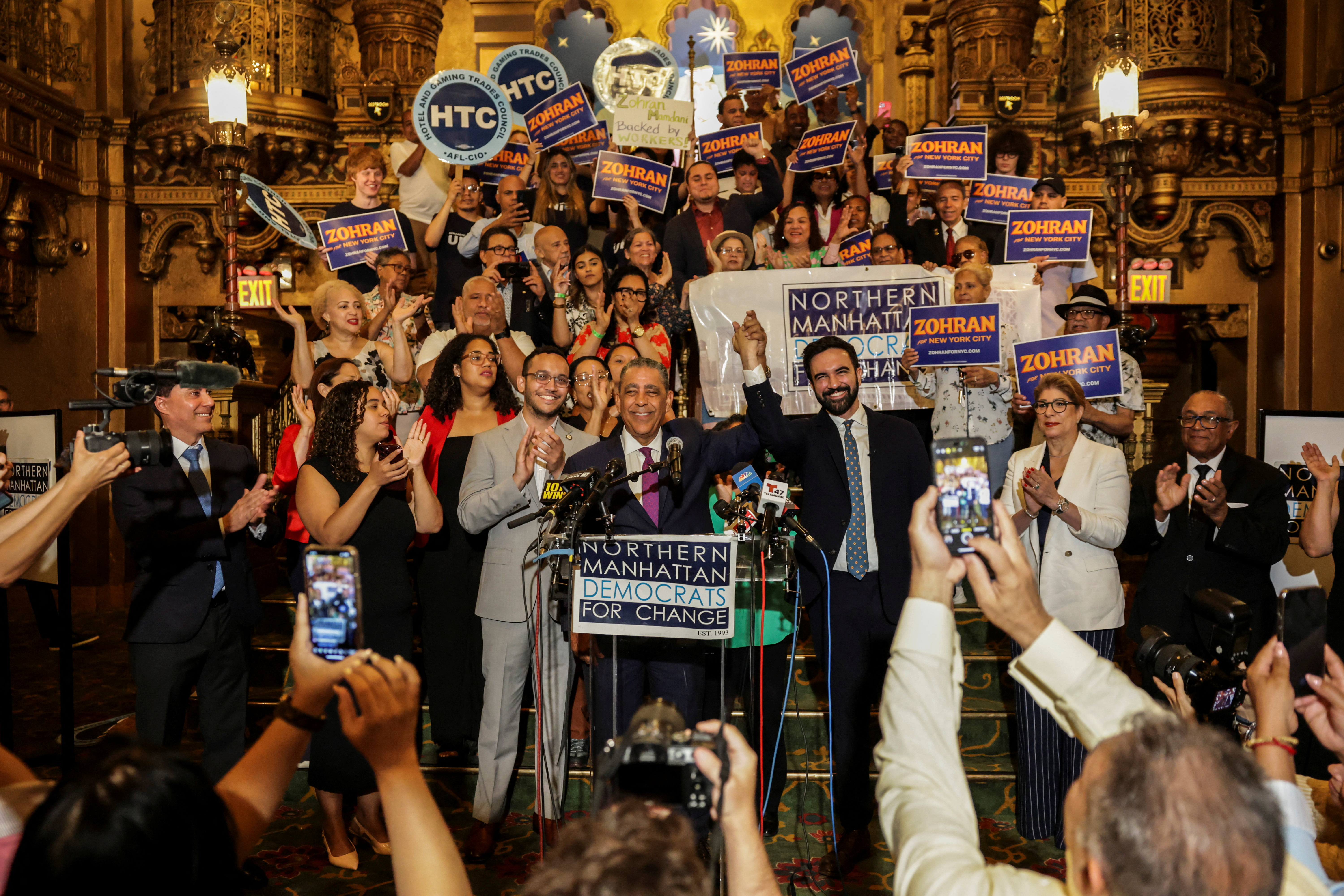 U.S. Rep. Adriano Espaillat (D-NY) and Zohran Mamdani attend a press conference in New York City, U.S., July 10, 2025. REUTERS/Jeenah Moon