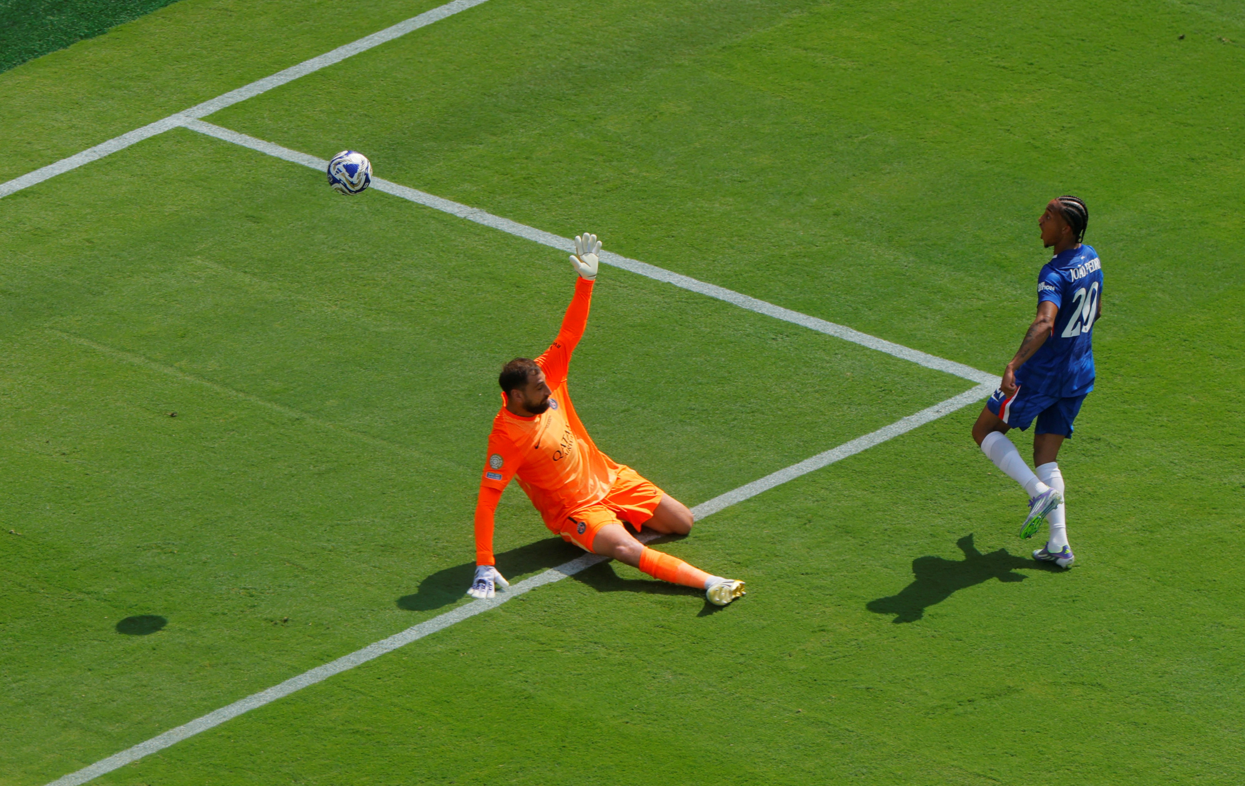 ootball - FIFA Club World Cup - Final - Chelsea v Paris St Germain - MetLife Stadium, East Rutherford, New Jersey, U.S. - July 13, 2025 Chelsea's Joao Pedro scores their third goal past Paris St Germain's Gianluigi Donnarumma