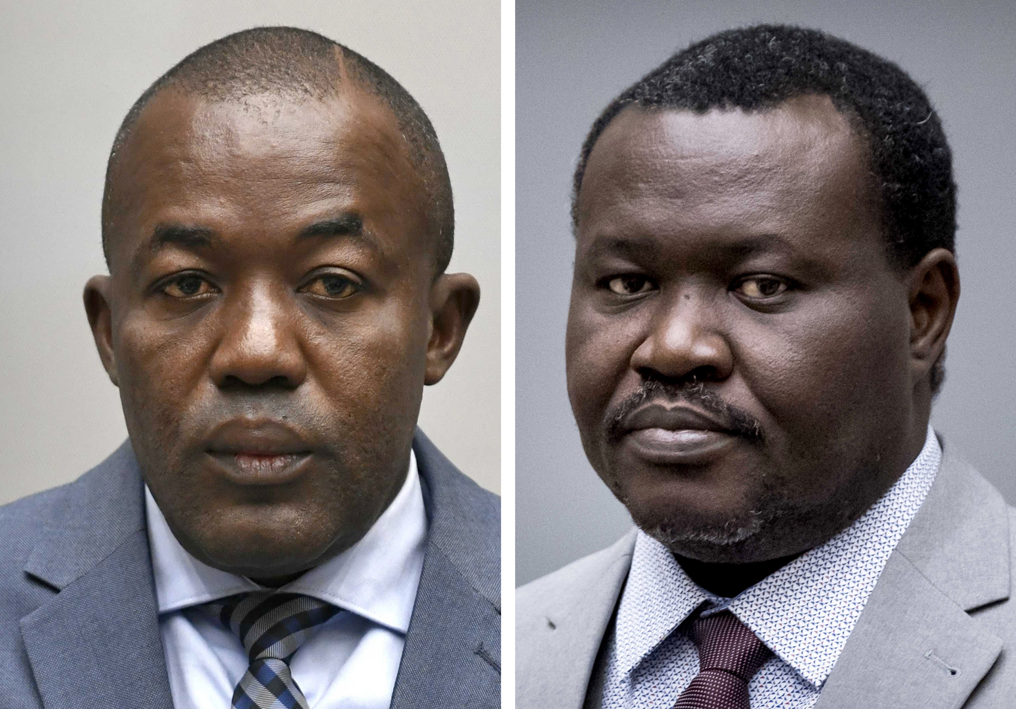 A composite file image shows convicted war criminals Alfred Yekatom (L) on November 23, 2018, and Patrice-Edouard Ngaissona, then board member of the Confederation of African Football, on January 25, 2019, appearing at the International Criminal Court in The Hague, Netherlands (reissued 16 February 2021).