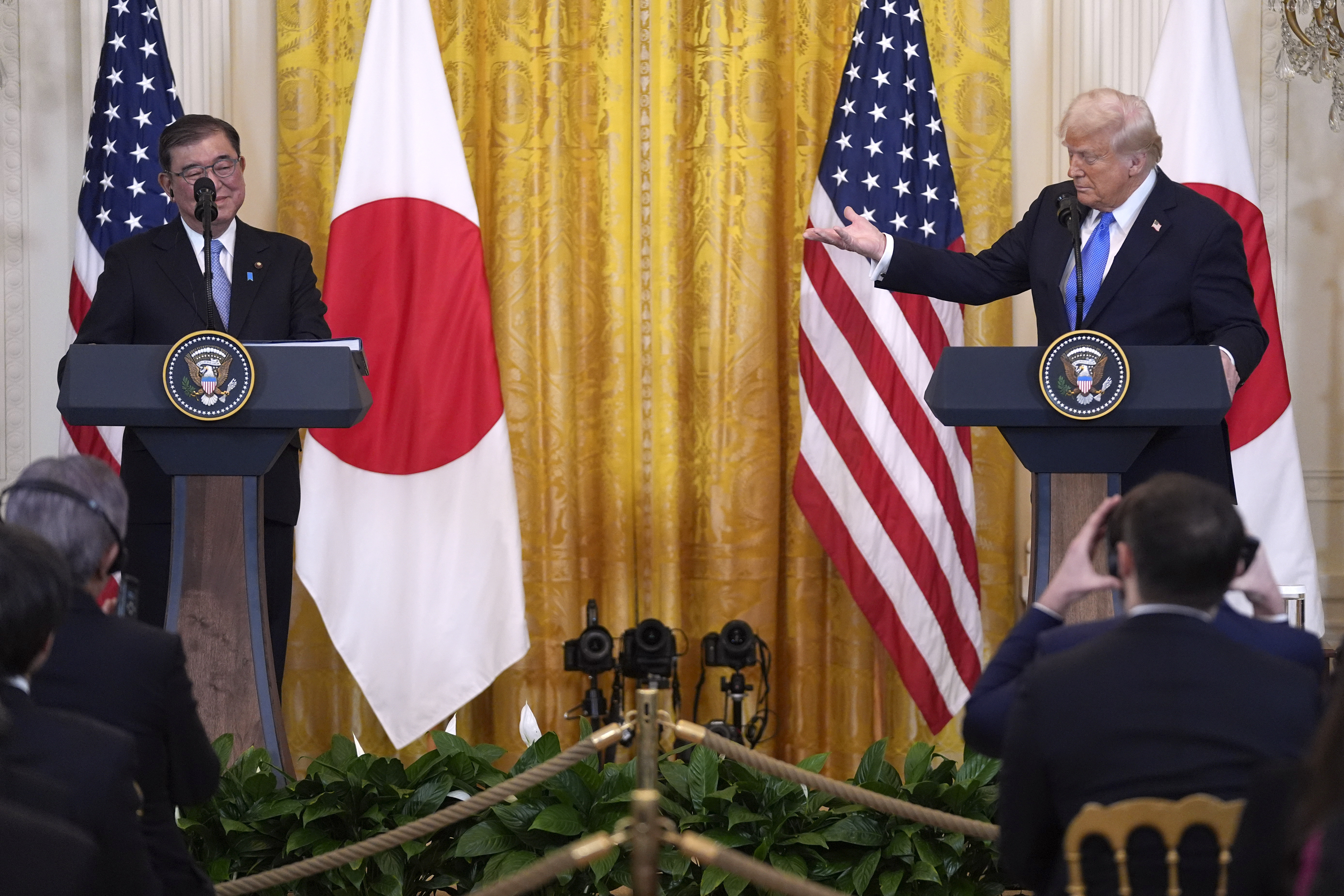 US President Donald Trump speaks during a news conference with Japanese Prime Minister Shigeru Ishiba at the White House, in Washington, DC, on February 7, 2025 [Evan Vucci/AP]