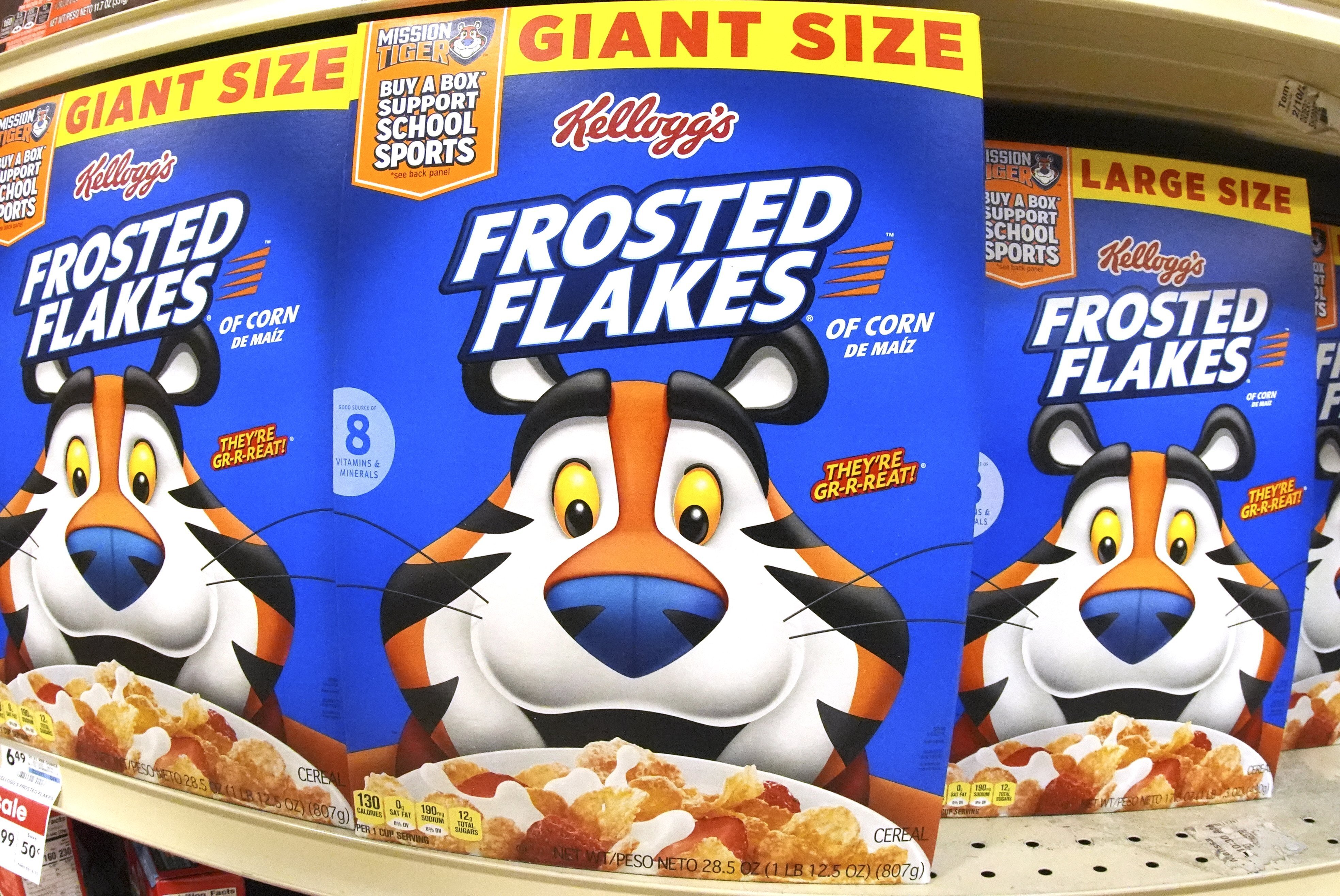 This is a shelf of Kellogg's Frosted Flakes cereal at a market in Homestead, Pa., on Monday, Feb. 24, 2025. (AP Photo/Gene J. Puskar)