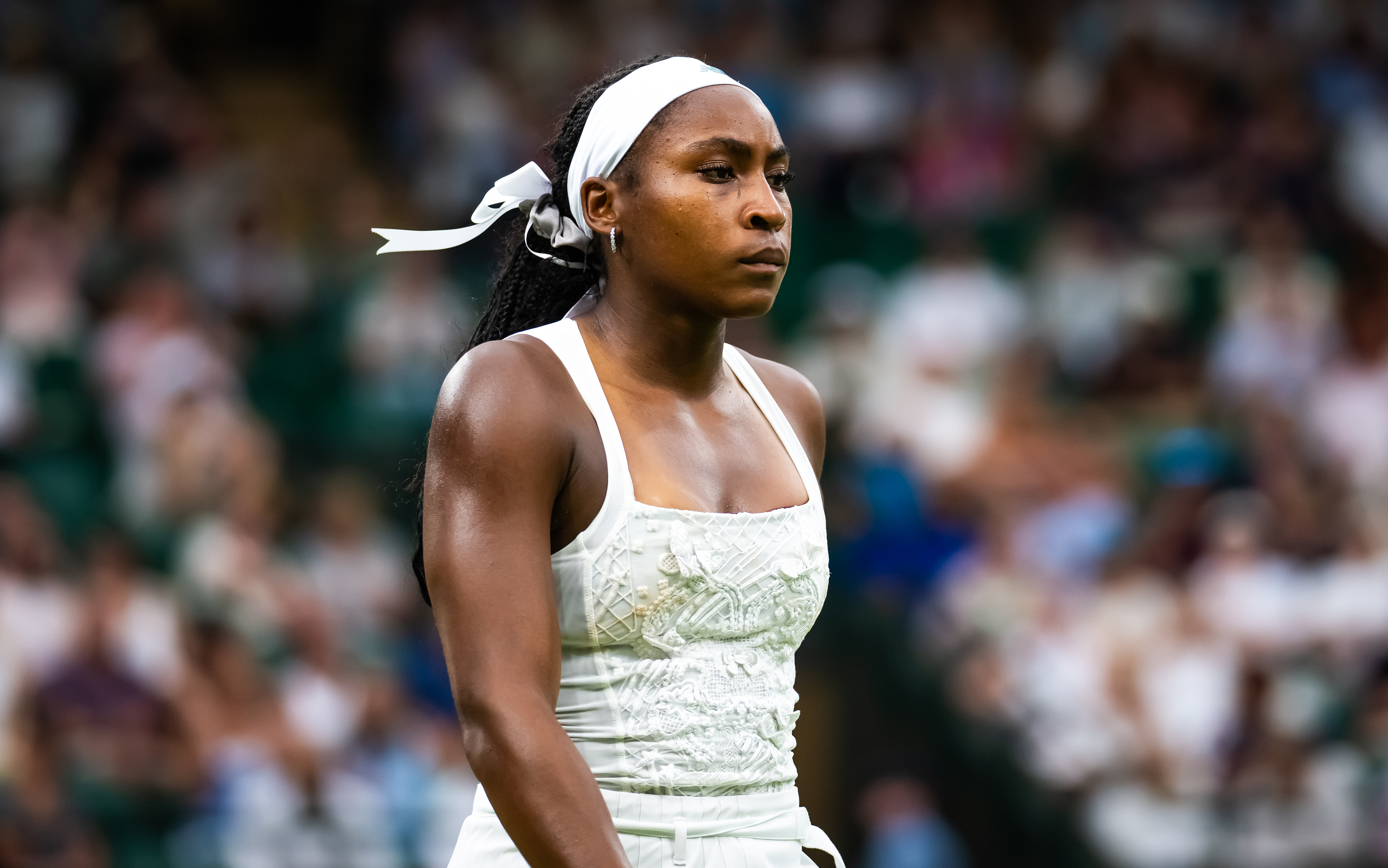 Coco Gauff of the United States reacts while playing against Dayana Yastremska of Ukraine in the first round on Day Two of The Championships Wimbledon