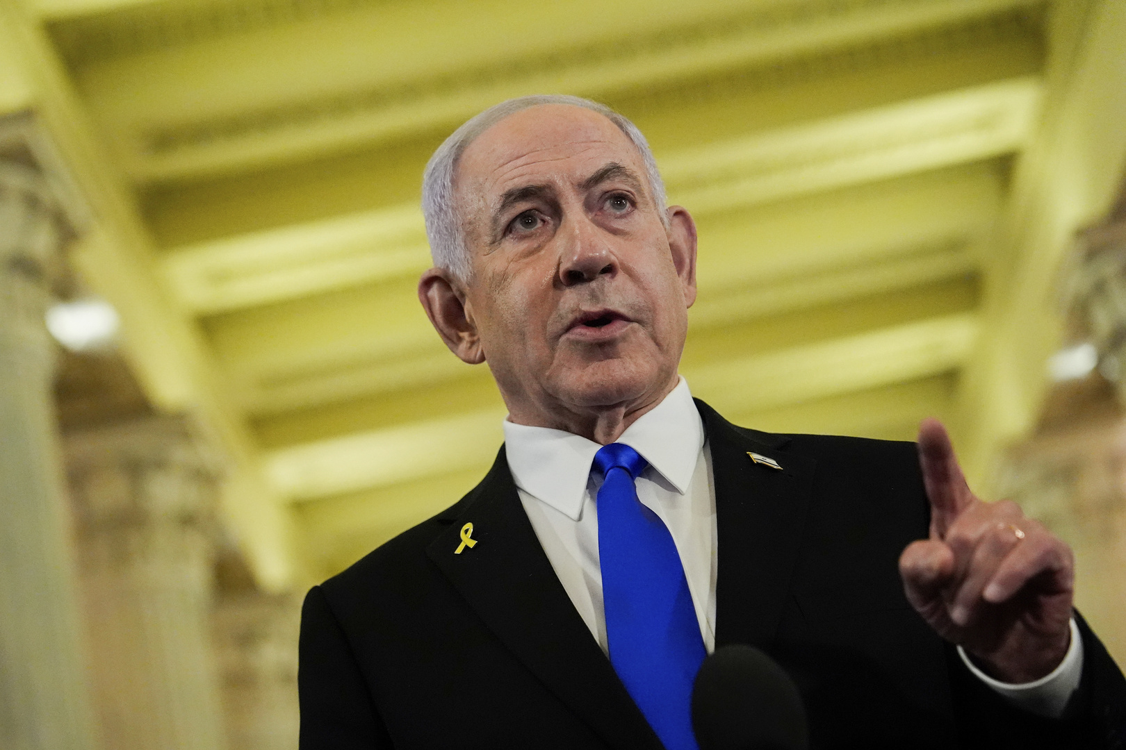 Israeli Prime Minister Benjamin Netanyahu speaks to reporters at the U.S. Capitol following a meeting with House Speaker Mike Johnson, R-La., Tuesday, July 8, 2025, in Washington. [Julia Demaree Nikhinson/AP]