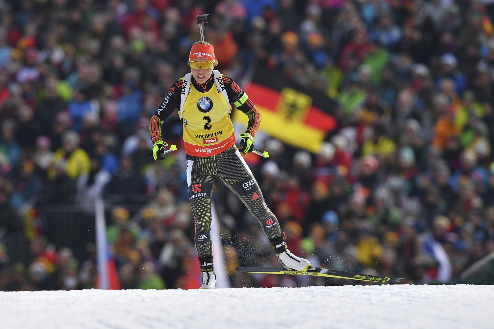 Germany&#039;s winner Laura Dahlmeier competes during the women&#039;s 10 km pursuit competition at the Biathlon World Championships in Hochfilzen, Austrian province of Tyrol , Austria, Sunday, Feb. 12, 2017. [Kerstin Joensson/AP]