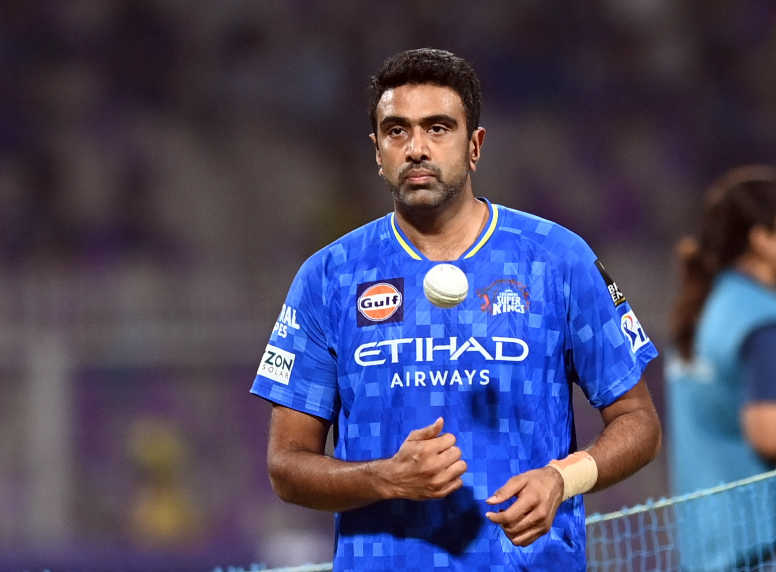 Chennai Super Kings' Ravichandran Ashwin during the warm up before a 2025 IPL match