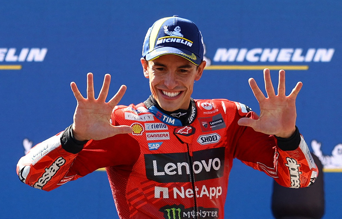 Ducati Lenovo Team&#039;s Marc Marquez celebrates on the podium after winning the Hungarian Grand Prix at Balaton Park Circuit in Balatonfokajart, Hungary, on August 24, 2025 [Bernadett Szabo/Reuters]