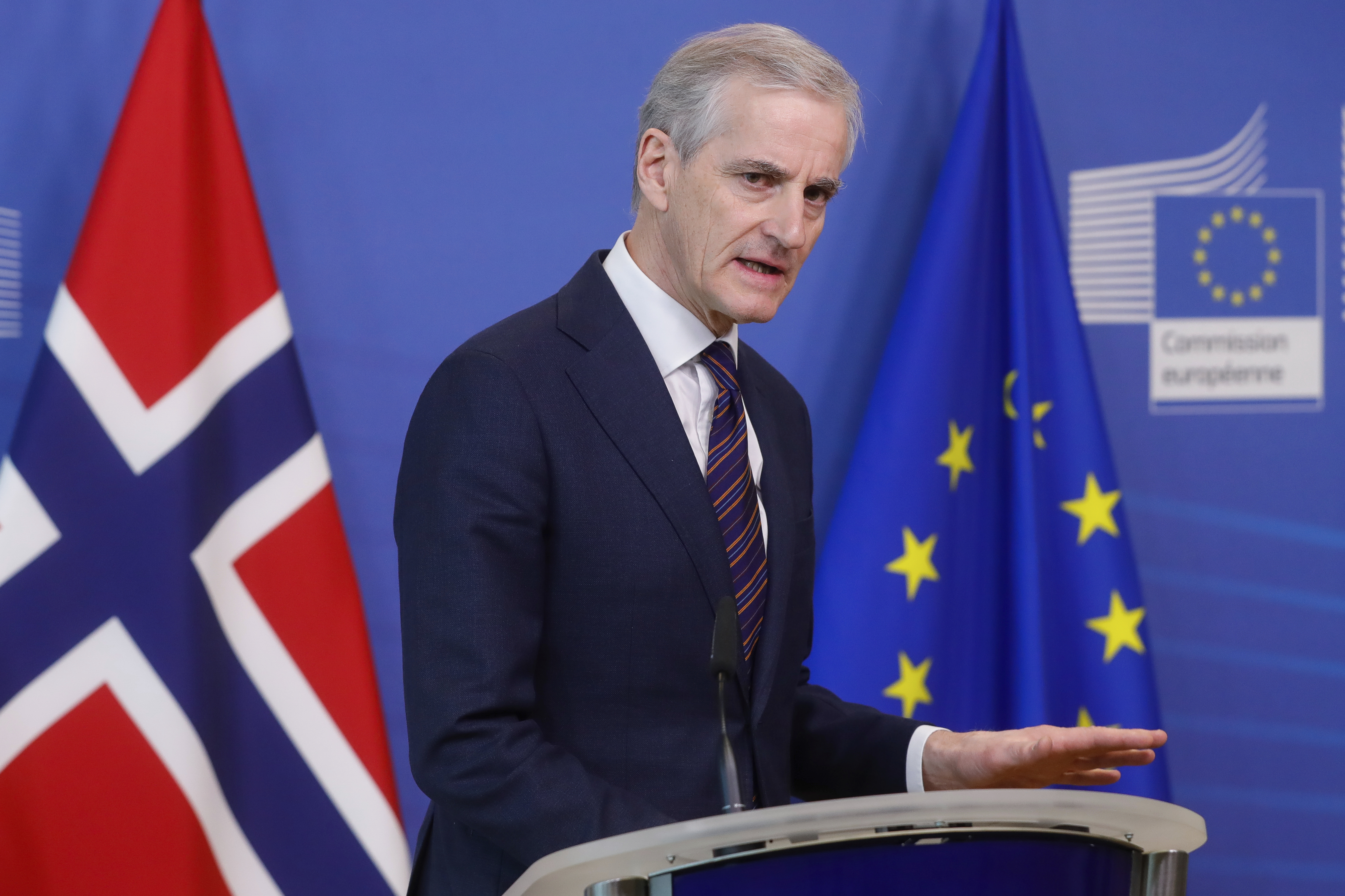 Norway's Prime Minister Jonas Gahr Stoere speaks during a media conference at EU headquarters in Brussels, Wednesday, Feb. 23, 2022. (Stephanie Lecocq, Pool Photo via AP)