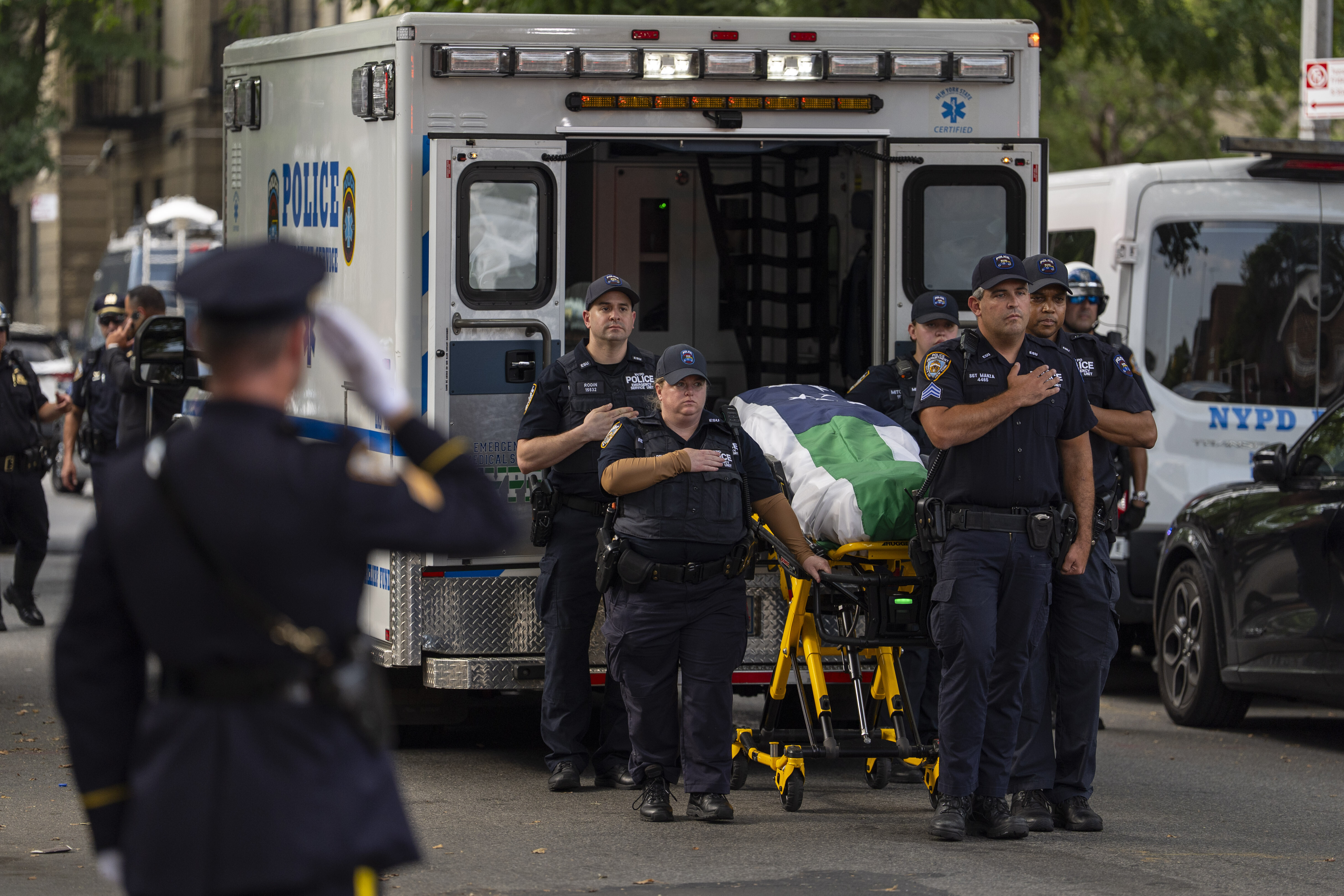 The casket of NYPD Officer Didarul Islam arrives at Parkchester Jame Masjid after Monday's deadly shooting