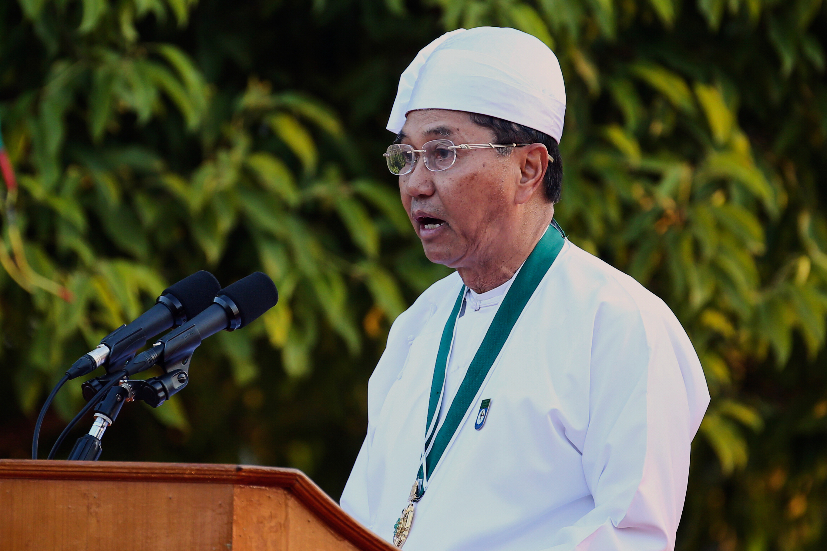 Myanmar Vice President Myint Swe speaks during a ceremony to mark Myanmar&#039;s 73rd anniversary of Union Day in Naypyidaw, Myanmar, in 2020 [File: Aung Shine Oo/AP]