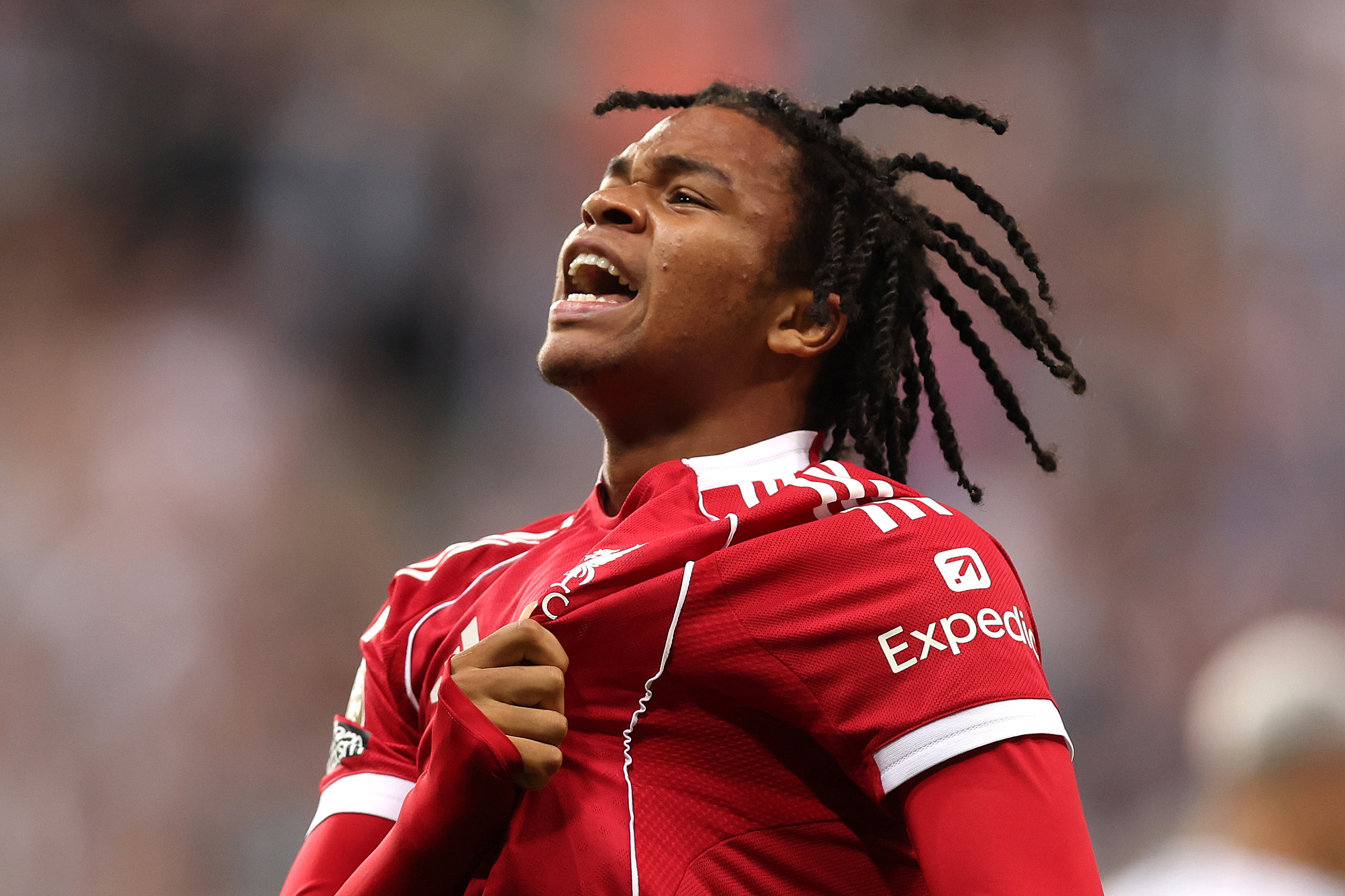 NEWCASTLE UPON TYNE, ENGLAND - AUGUST 25: Rio Ngumoha of Liverpool celebrates scoring his team's third goal during the Premier League match between Newcastle United and Liverpool at St James' Park on August 25, 2025 in Newcastle upon Tyne, England. (Photo by George Wood/Getty Images)