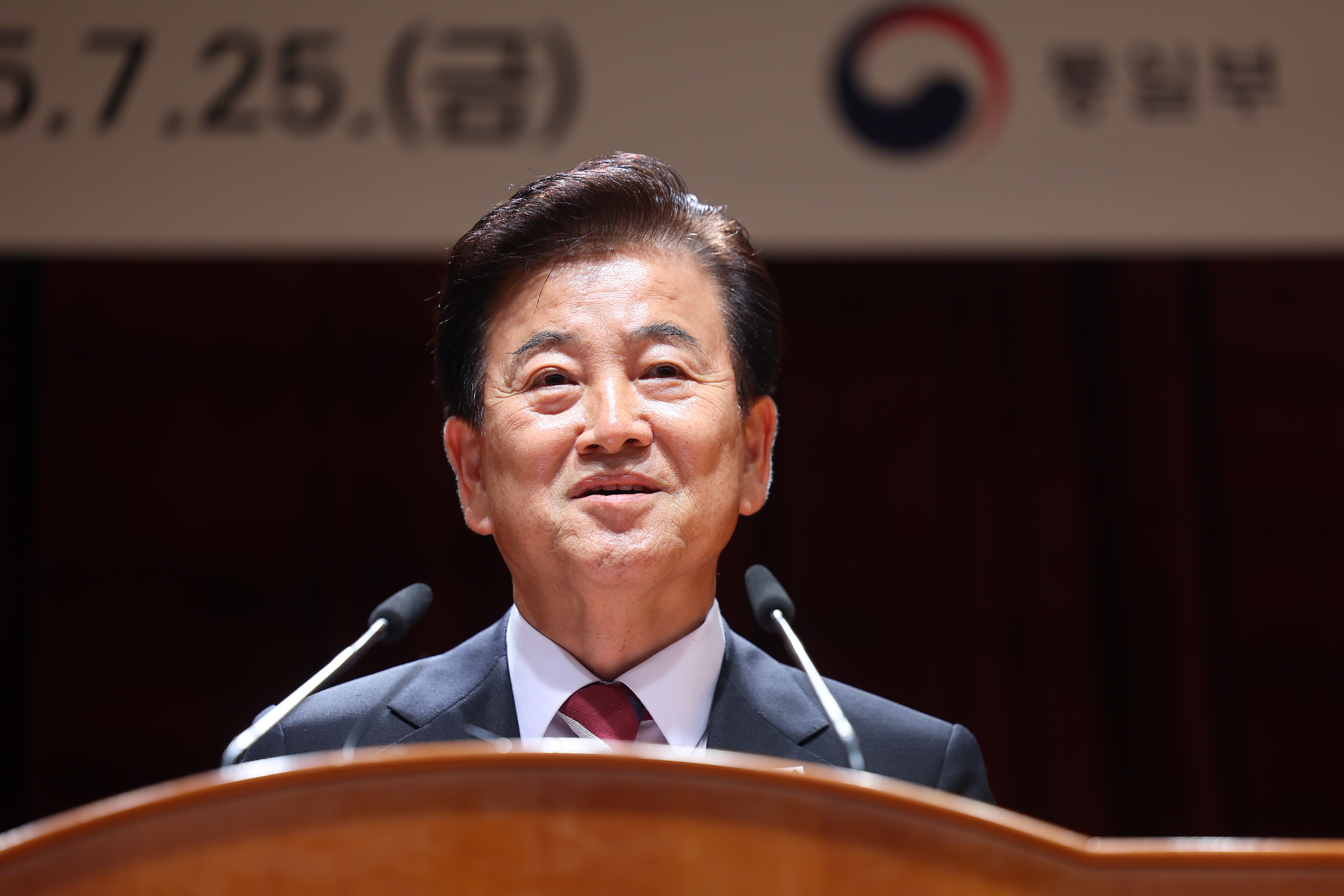 South Korea's Unification Minister Chung Dong-young speaks during a ceremony to mark his inauguration at the government complex in Seoul, South Korea on July 25, 2025.