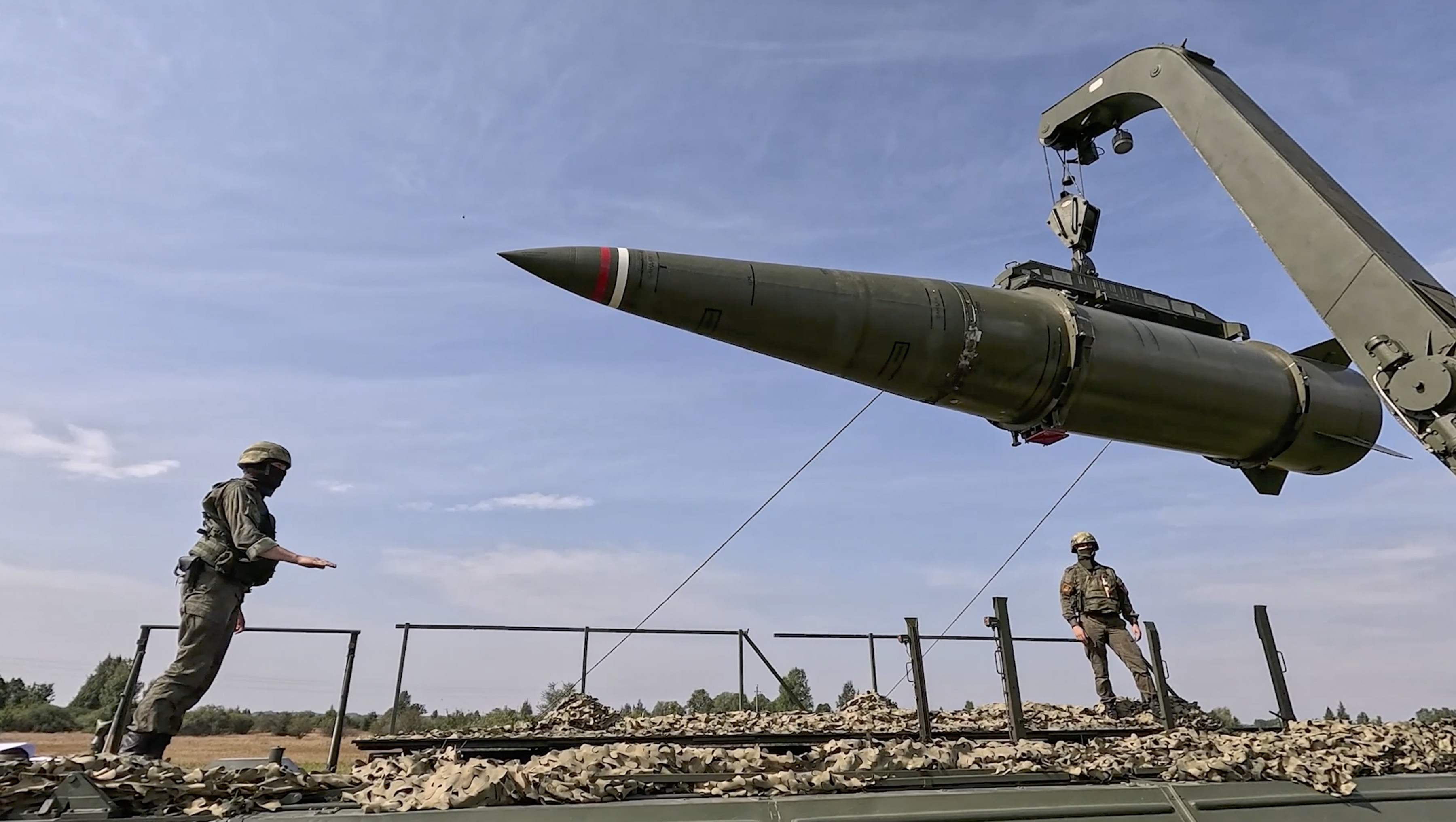 Skander-M missile system crews of the Baltic Fleet missile unit practice delivering group strikes on critically important objects in Kaliningrad region taking part in the Zapad-2025 (West-2025) joint military drills of the Russian and Belarus armed forces at an undisclosed location in Russia on September 15, 2025.