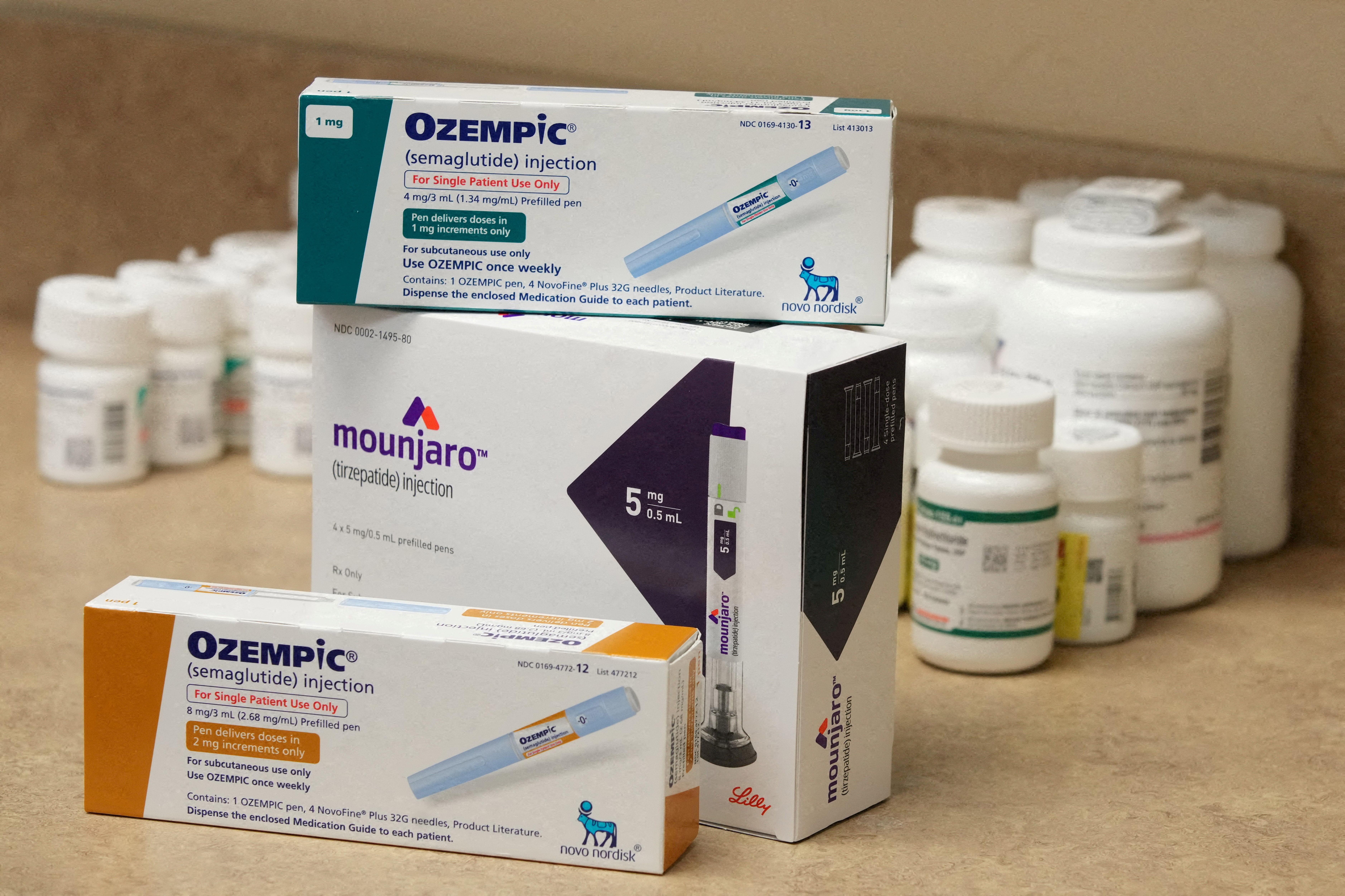 Boxes of Ozempic and Mounjaro, semaglutide and tirzepatide injection drugs used for treating type 2 diabetes and made by Novo Nordisk and Lilly, is seen at a Rock Canyon Pharmacy in Provo, Utah, U.S