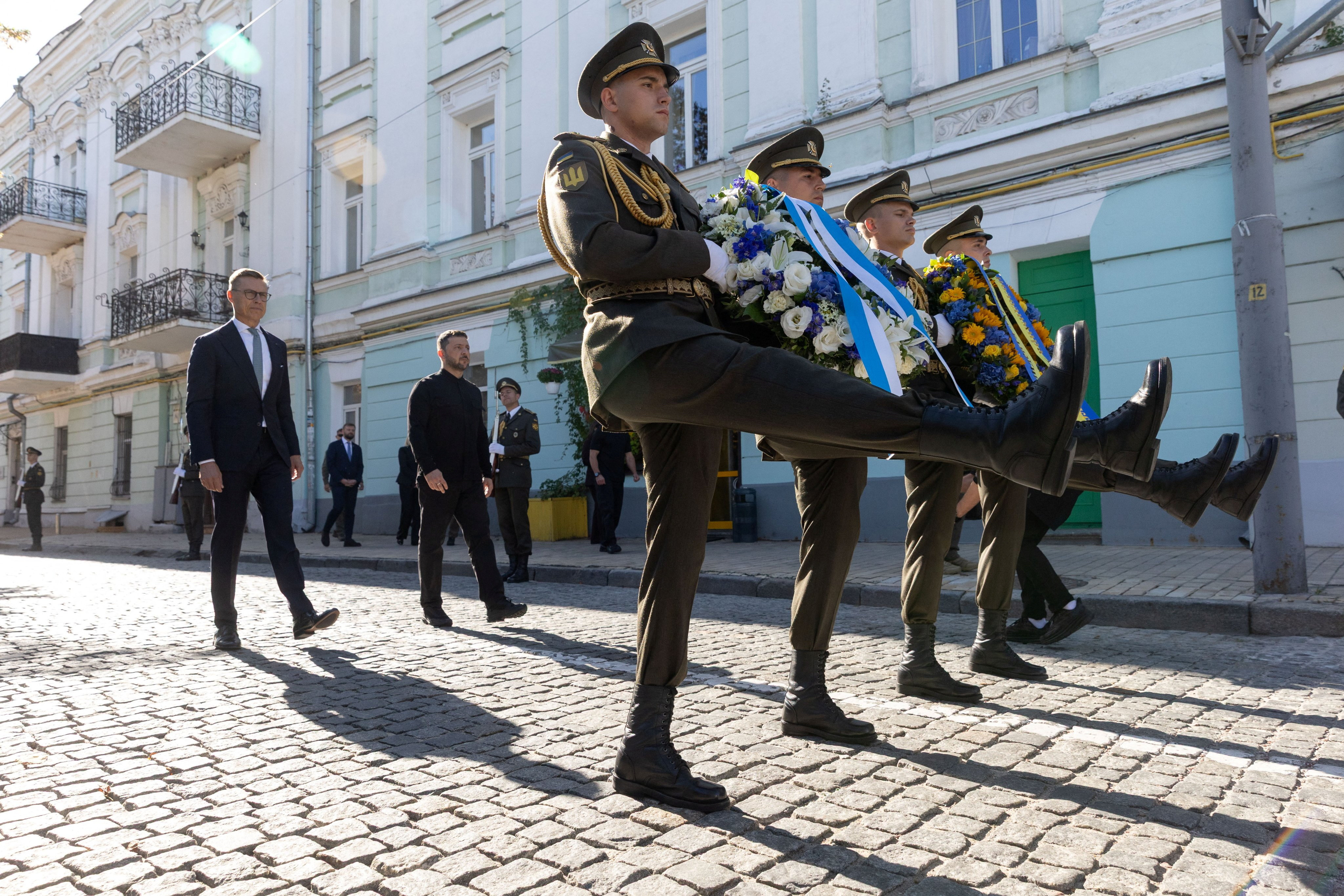 President of Finland Alexander Stubb and Ukraine's President Volodymyr Zelenskyy visit the Wall of Remembrance of the Fallen for Ukraine.