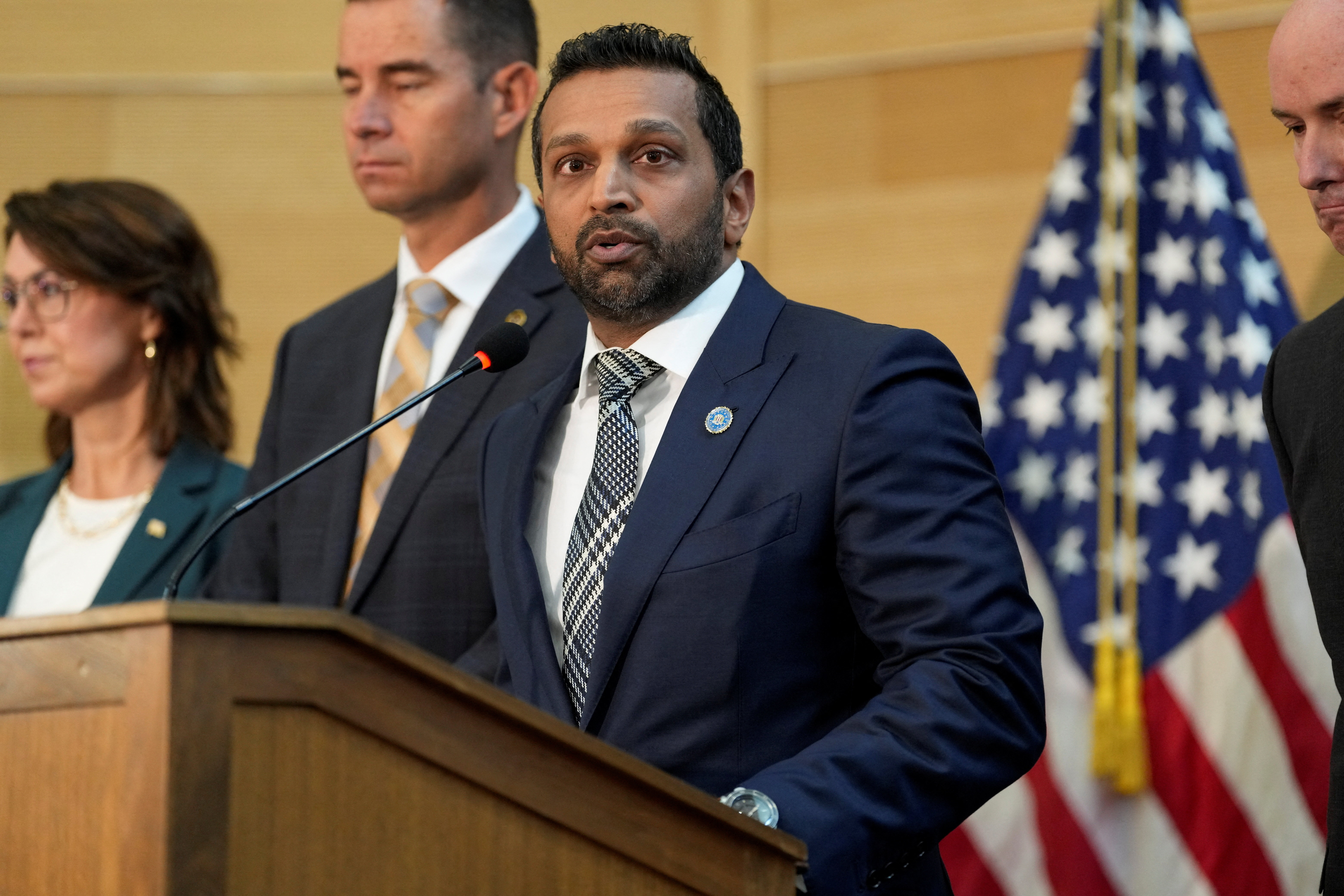 FBI Director Kash Patel speaks during a news conference.