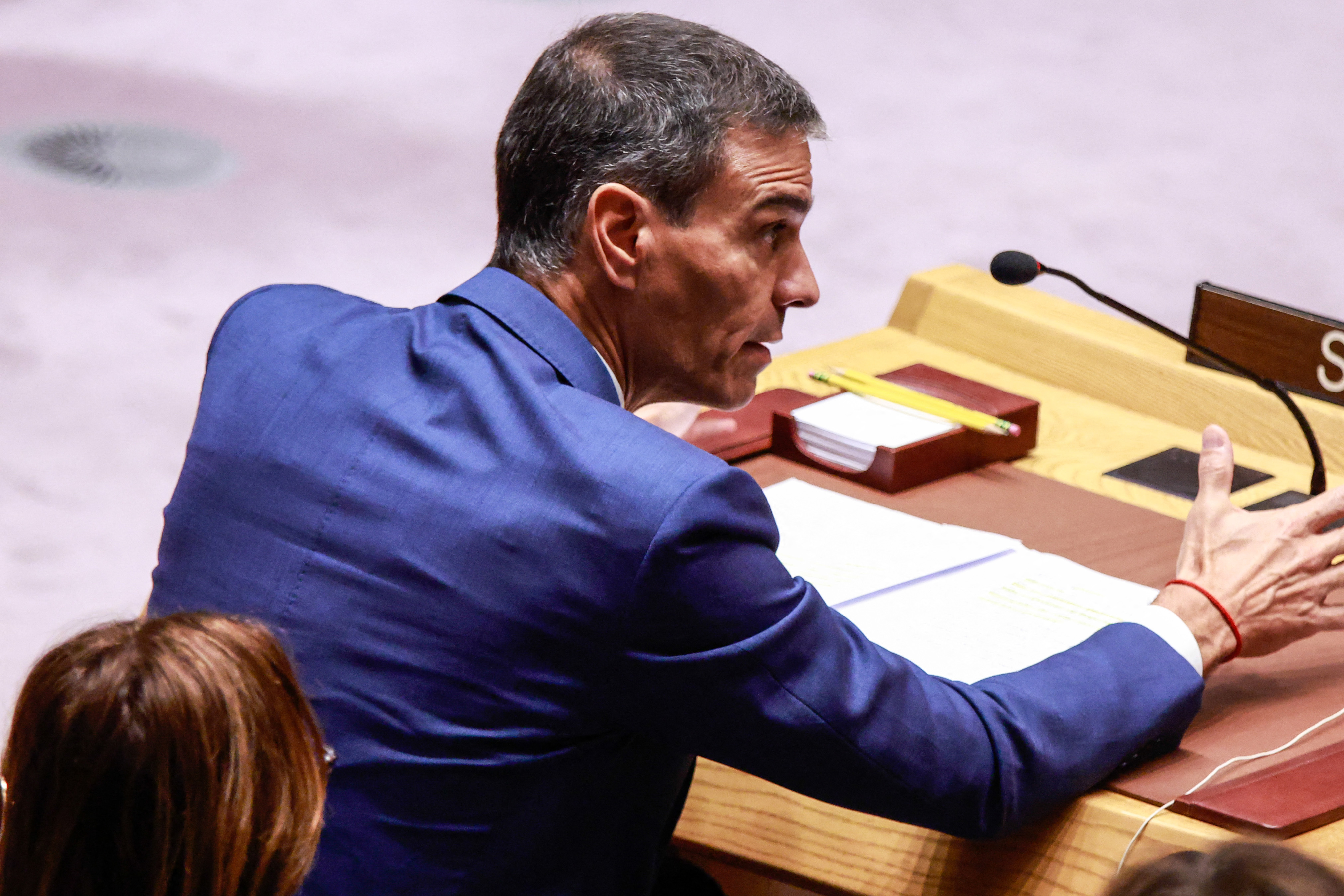 Spanish Prime Minister Pedro Sanchez speaks during a United Nations Security Council meeting on Ukraine at UN headquarters in New York on September 23, 2025. [Kena Betancur/AFP] (AFP)