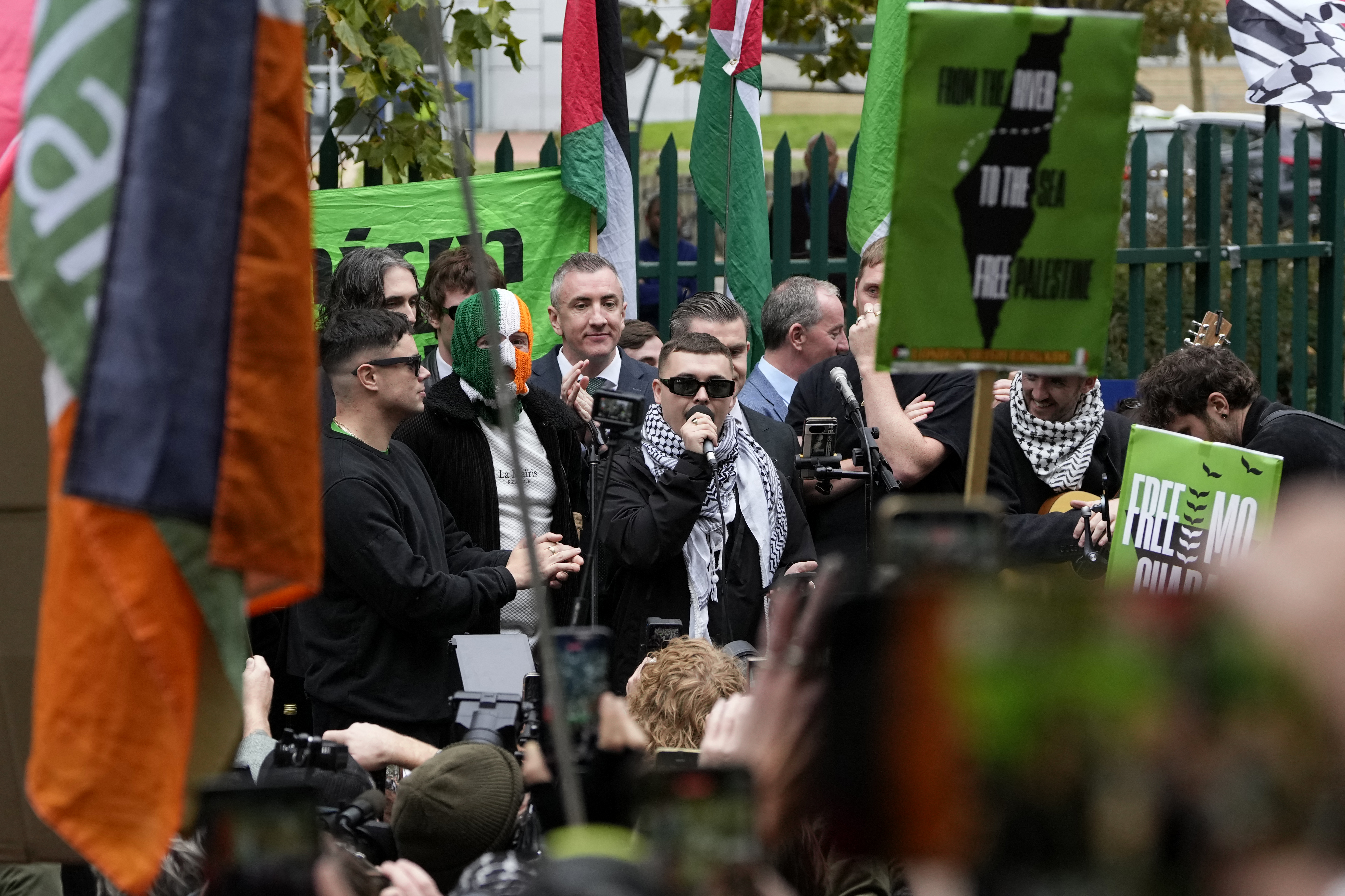 Member of the band Kneecap Liam Og O hAnnaidh who performs under the stage name Mo Chara, delivers a speech outside Woolwich Crown Court in south east London, United Kingdom on September 26, 2025.