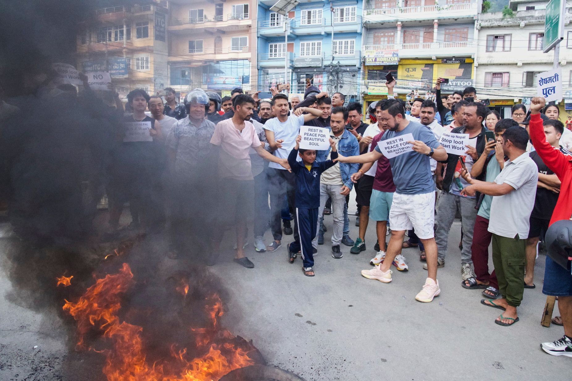 Protesters amid a curfew in Kathmandu