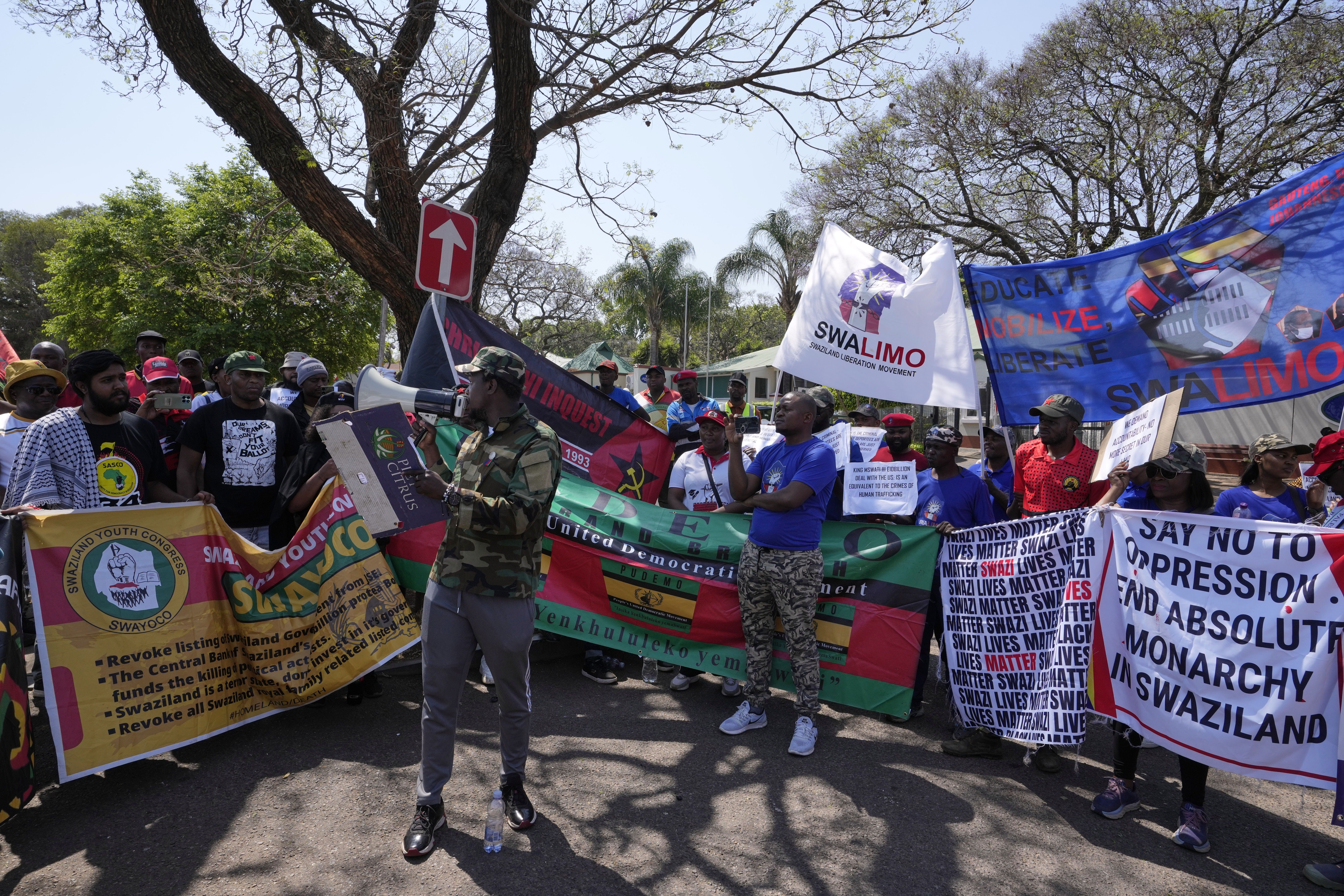 A leader of Eswatini&#039;s pro-democracy activists speaks during their protest outside the US Embassy in Pretoria, South Africa, Friday, September 19, 2025 [Themba Hadebe/AP Photo]