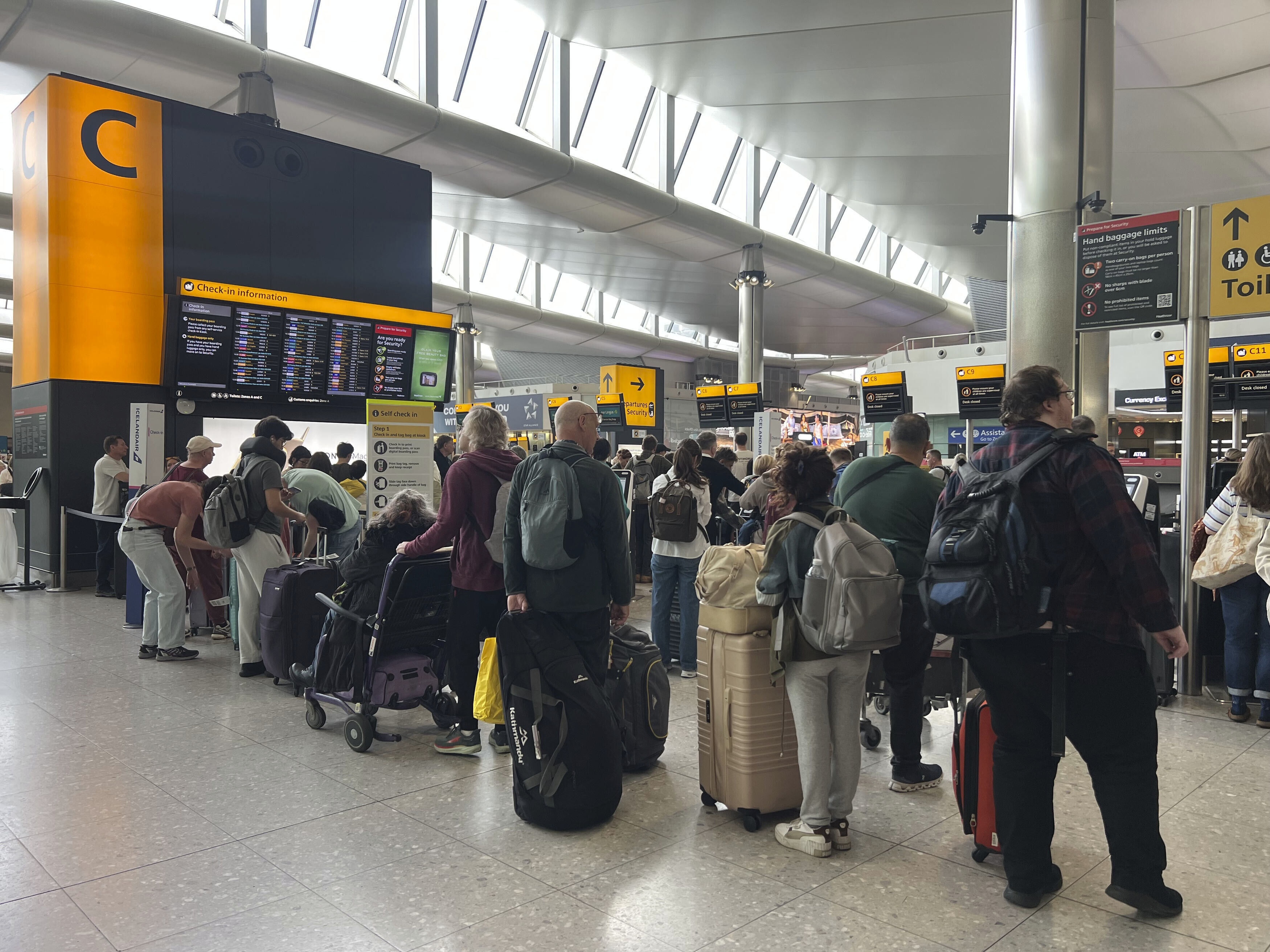 People queue at London's Heathrow airport after flights were delayed and cancelled at Europe's airports following a cyberattack