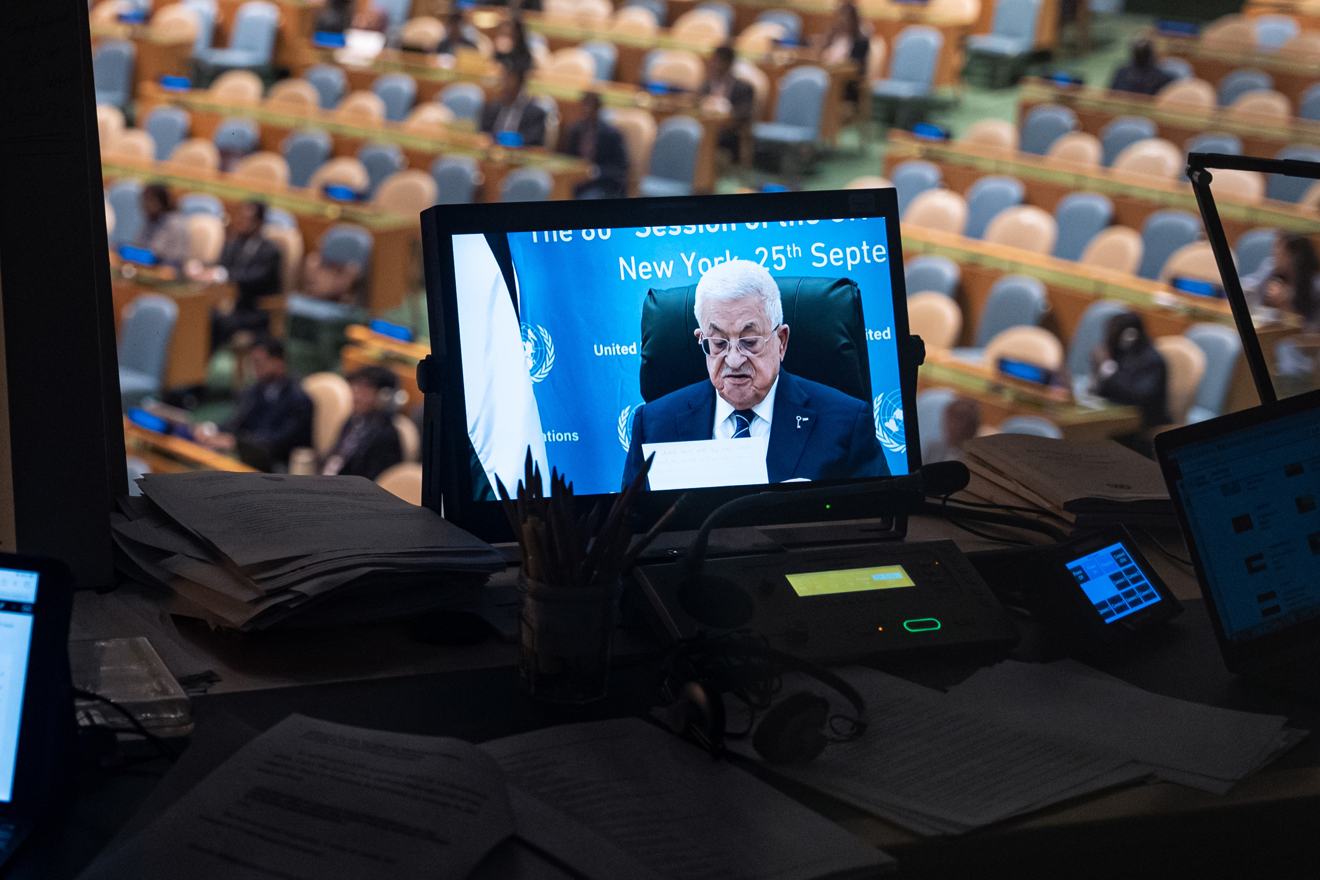 Palestinian President Mahmoud Abbas address the 80th session of the United Nations General Assembly via video at United Nations headquarters, Thursday, Sept. 25, 2025. [Angelina Katsanis/AP Photo]