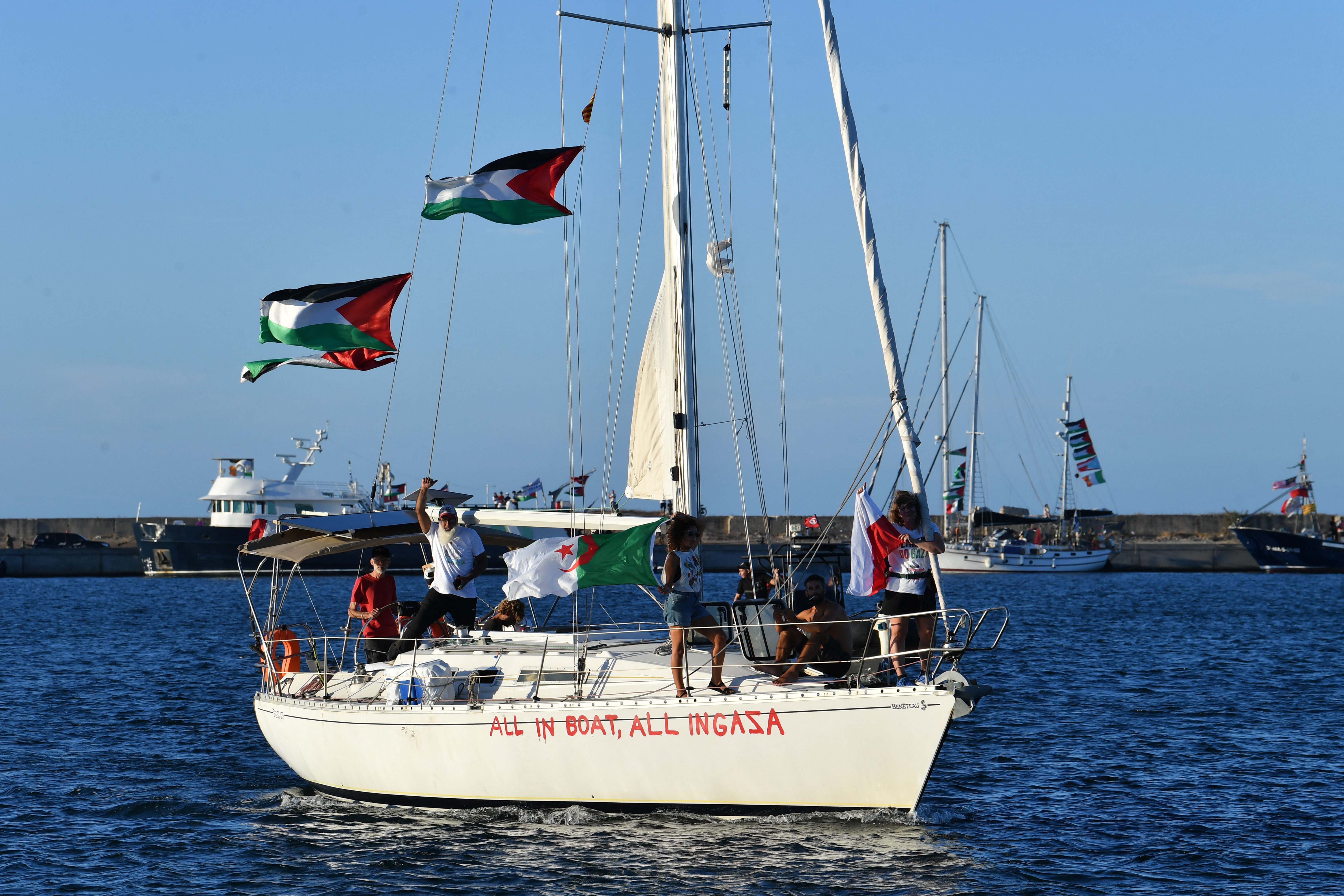 Activists taking part in the Global Sumud Flotilla