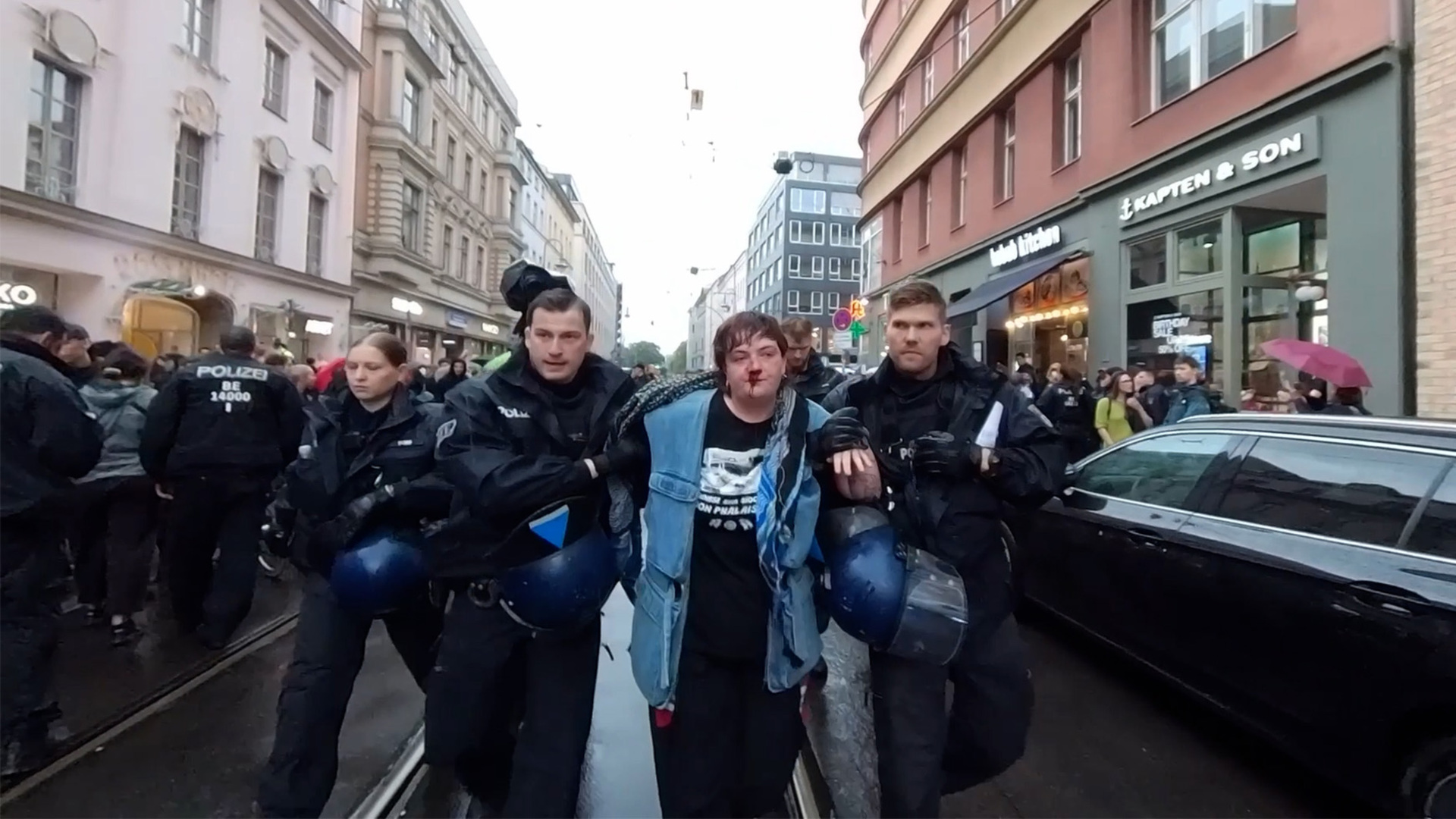 Irish protester Kitty O&rsquo;Brien after she was assaulted by German police on August 28, 2025 in Berlin [Al Jazeera]