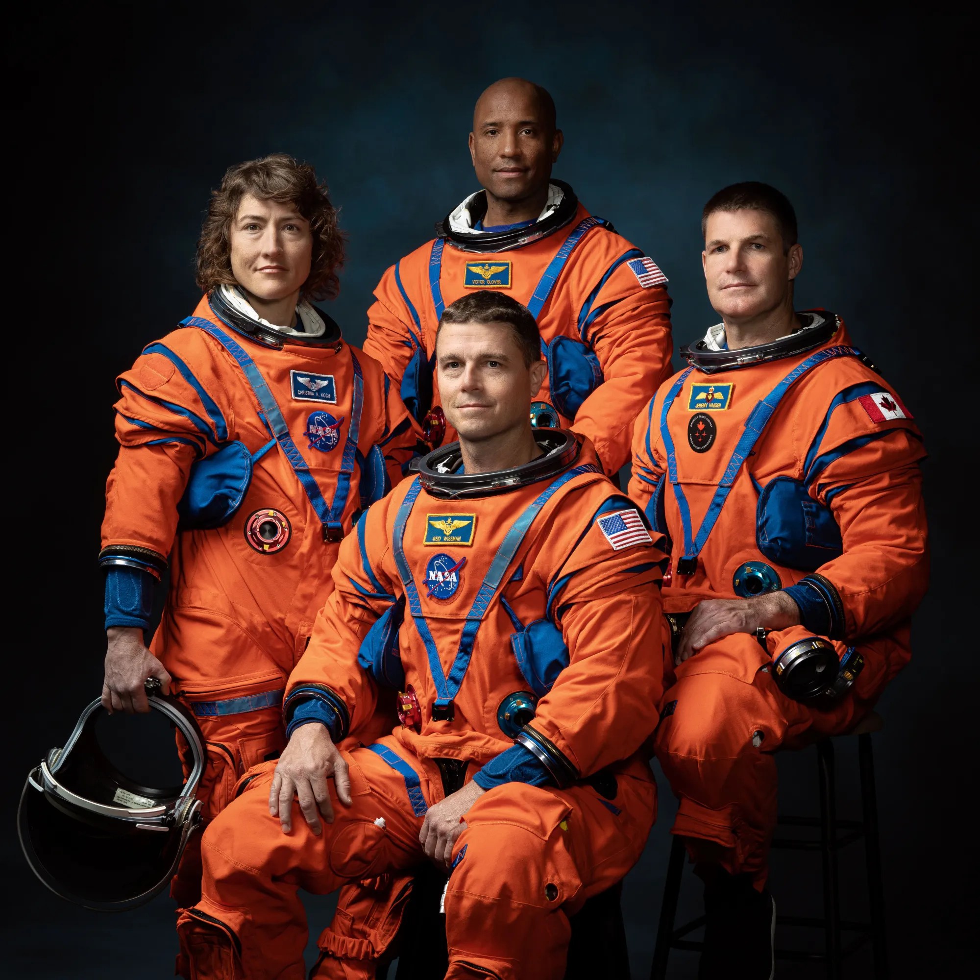NASA astronauts (left to right) Christina Koch, Victor Glover, Reid Wiseman, Canadian Space Agency Astronaut Jeremy Hansen. [Josh Valcarcel/NASA]