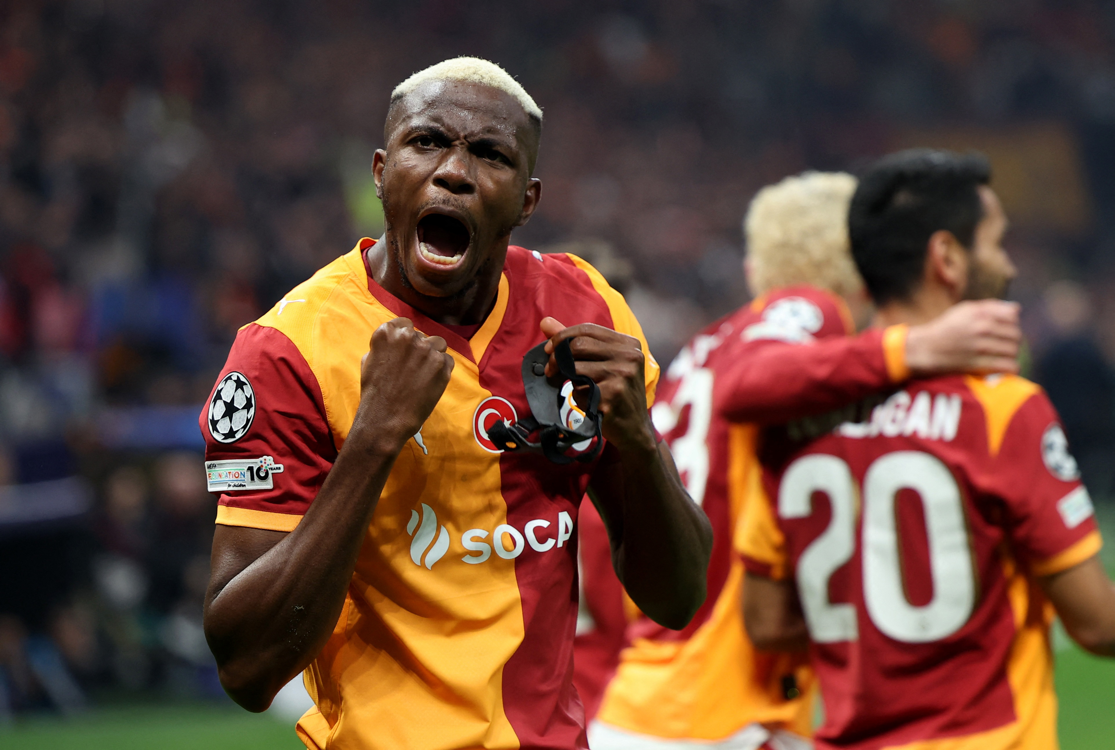 Soccer Football - UEFA Champions League - Galatasaray v Liverpool - Rams Park, Istanbul, Turkey - September 30, 2025 Galatasaray's Victor Osimhen celebrates scoring their first goal REUTERS/Umit Bektas