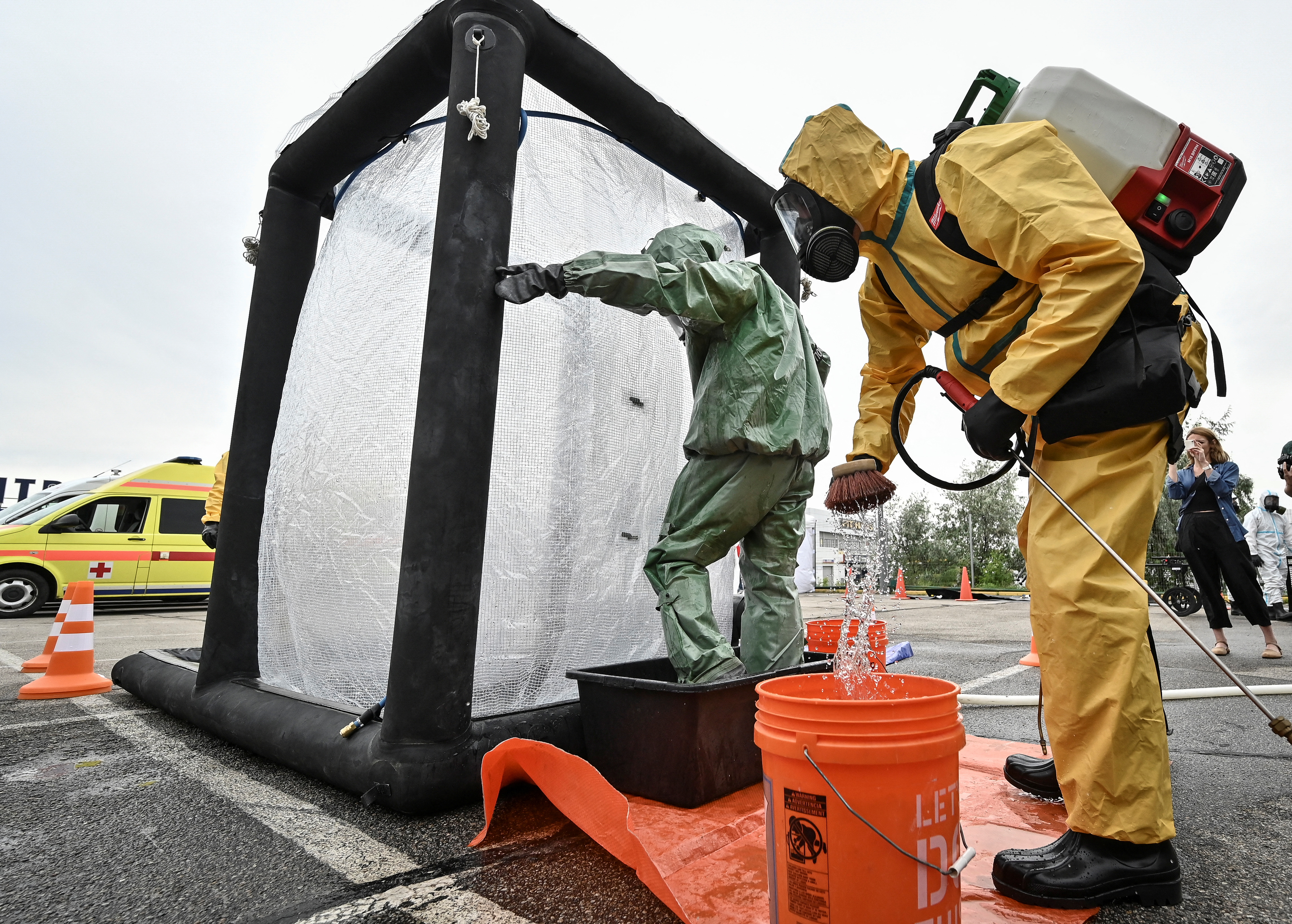 Rescues and police officers attend anti-radiation drills for case of an emergency situation at Zaporizhzhia Nuclear Power Plant, amid Russia's attack on Ukraine, in Zaporizhzhia, Ukraine June 29, 2023. REUTERS/Stringer