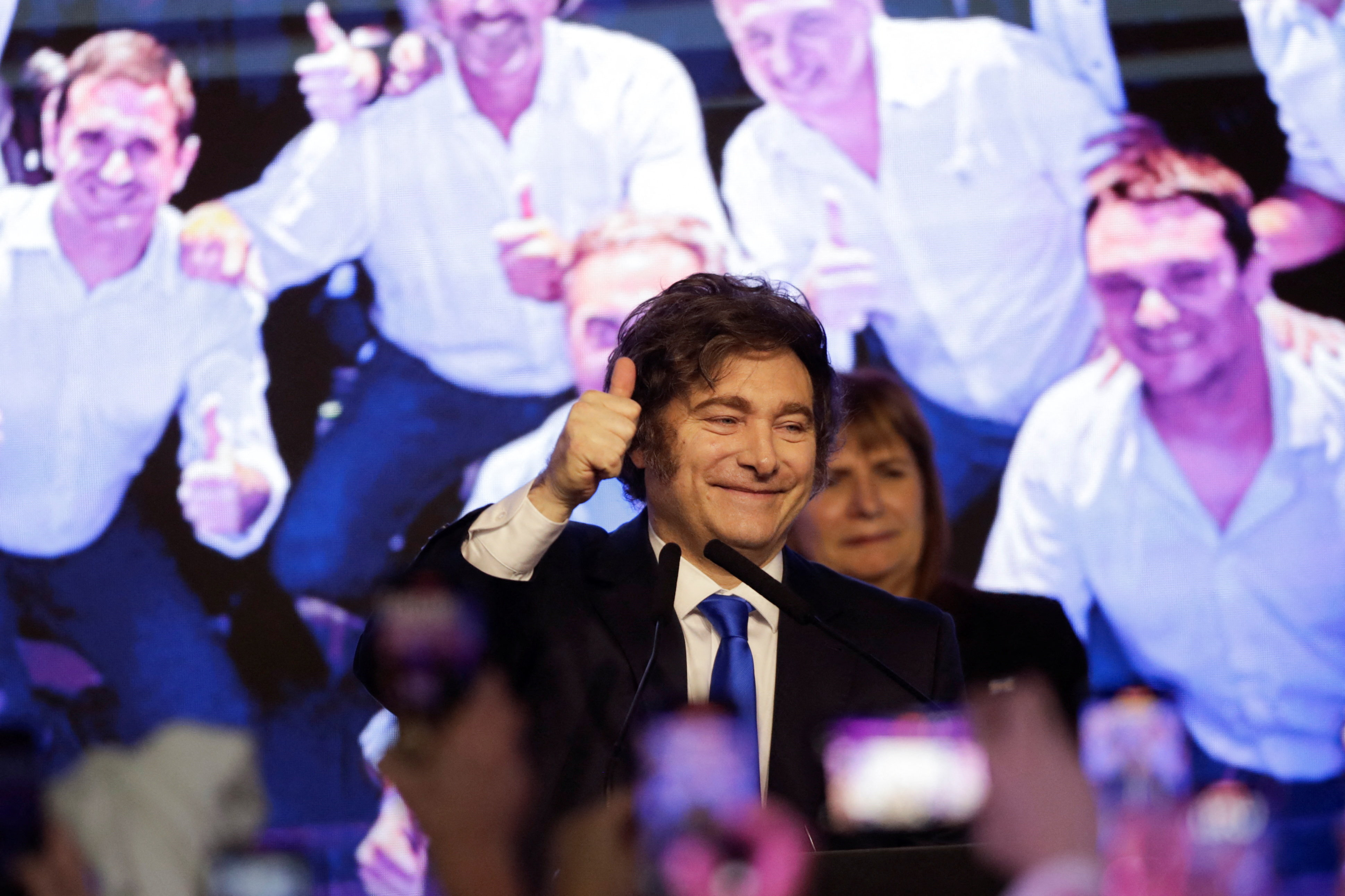 Argentina's President Javier Milei gestures after the La Libertad Avanza party won the midterm election.