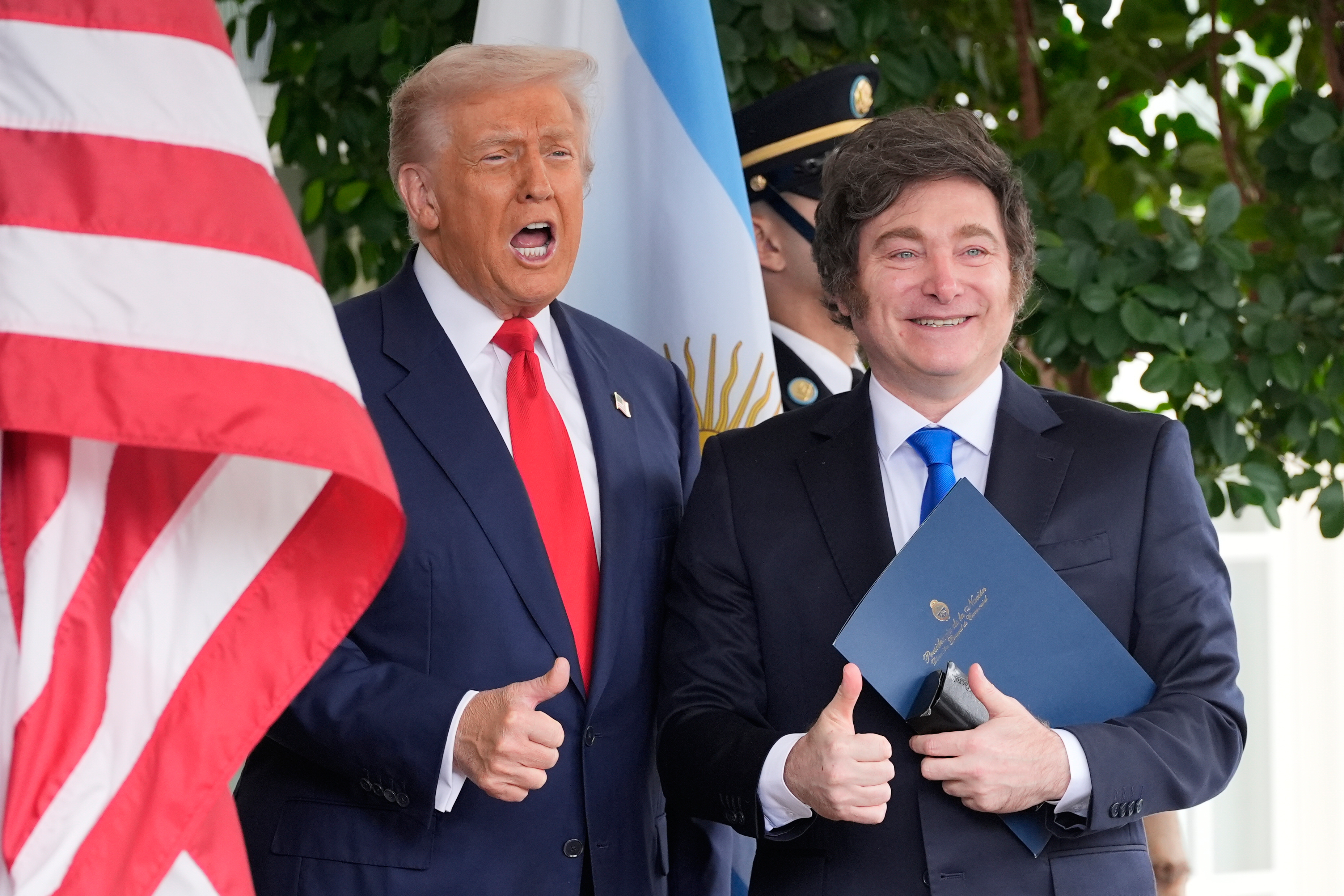 Donald Trump and Javier Milei each flash a thumbs-up in front of their countries' flags outside the White House.