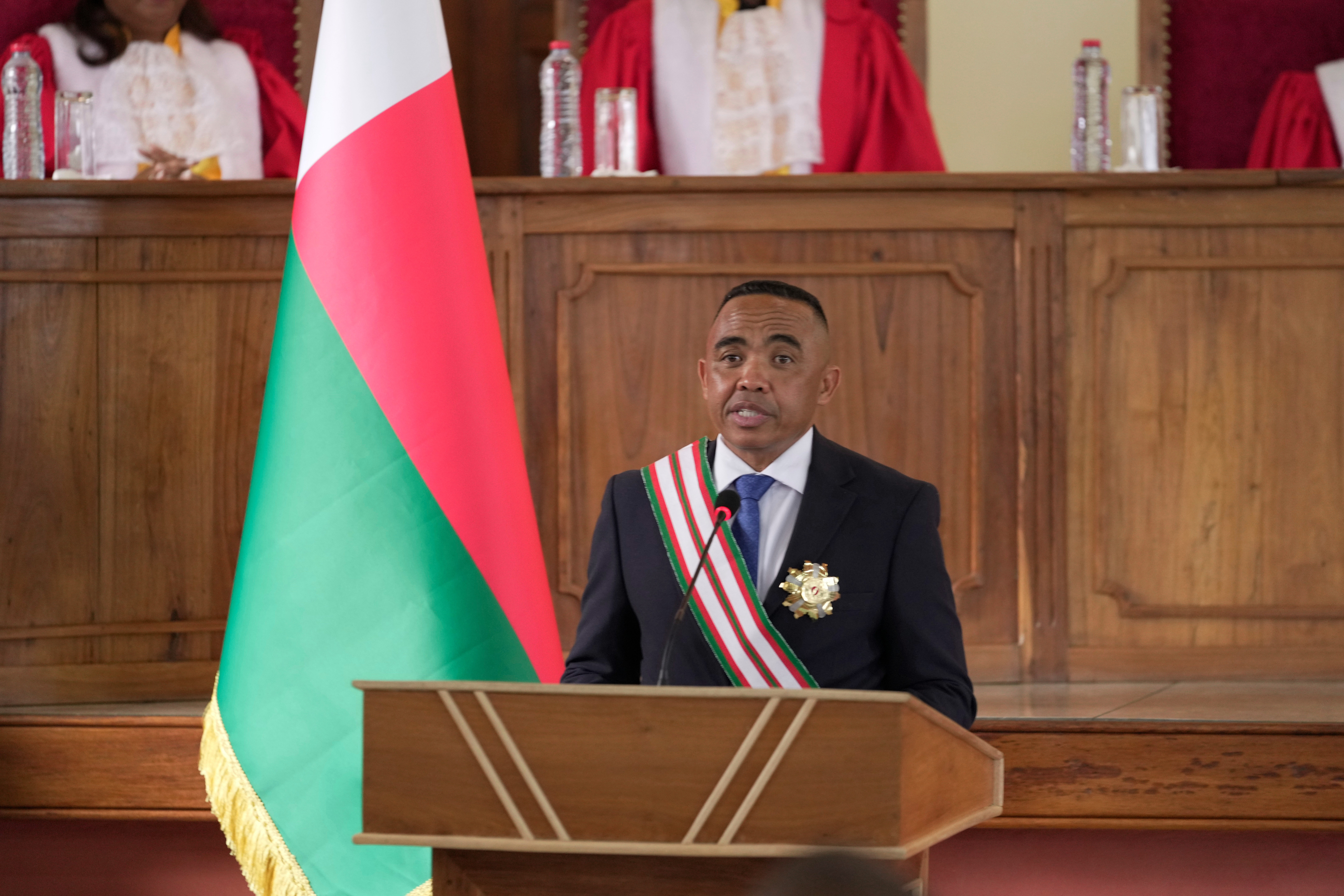 Col. Michael Randrianirina delivers his speech at the High Constitutional Court after being sworn in as president in Antananarivo, Madagascar on October 17, 2025.
