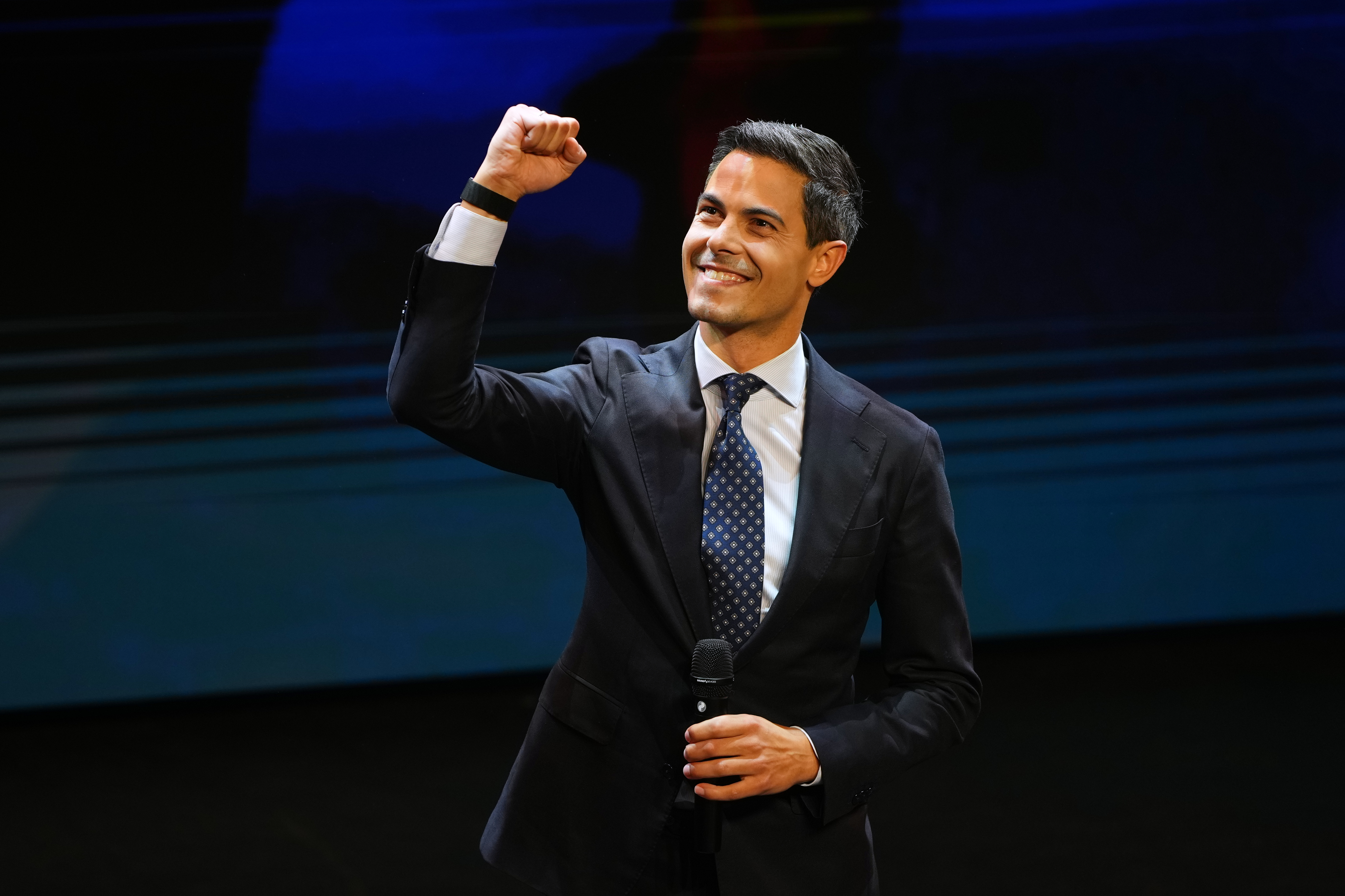 Rob Jetten, leader of the centre-left D66 party, speaks on stage during exit poll results at an election venue during the Dutch general election in Leiden, Netherlands on October 29, 2025