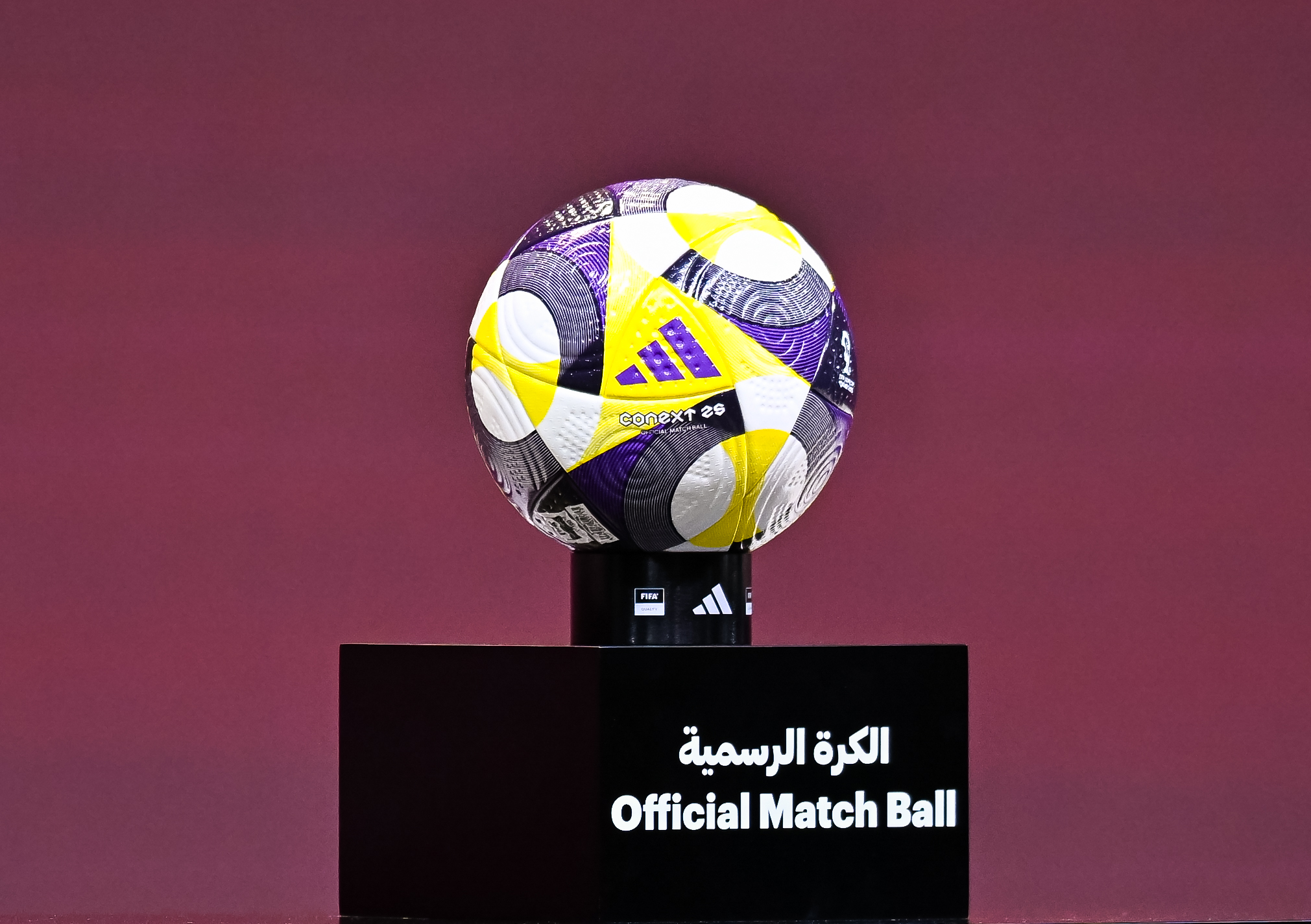 The FIFA Arab Cup official match ball is on display during the FIFA U-17 World Cup and FIFA Arab Cup Qatar 2025 Finals Draw in Doha, Qatar, on May 25, 2025. (Photo by Noushad Thekkayil/NurPhoto via Getty Images)