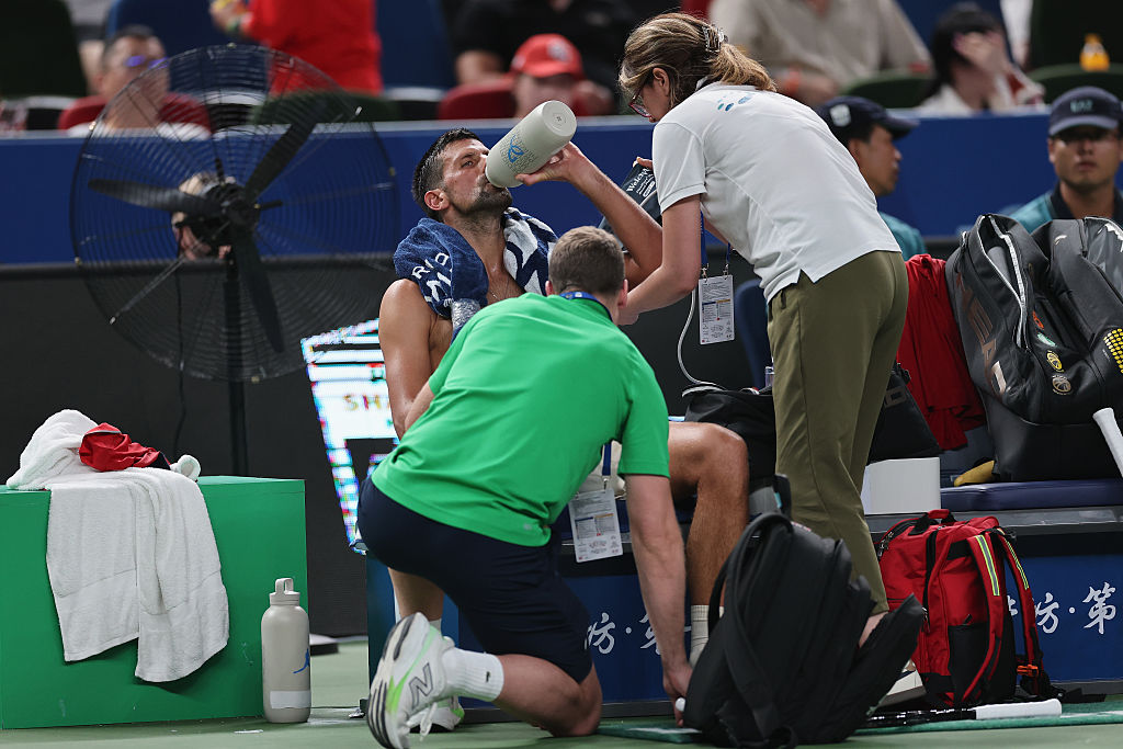 Novak Djokovic of Serbia reacts during the match against Jaume Munar of Spain in the Men's Singles round of 16 match on day 9 of the 2025 Shanghai Rolex Masters at Qi Zhong Tennis Center